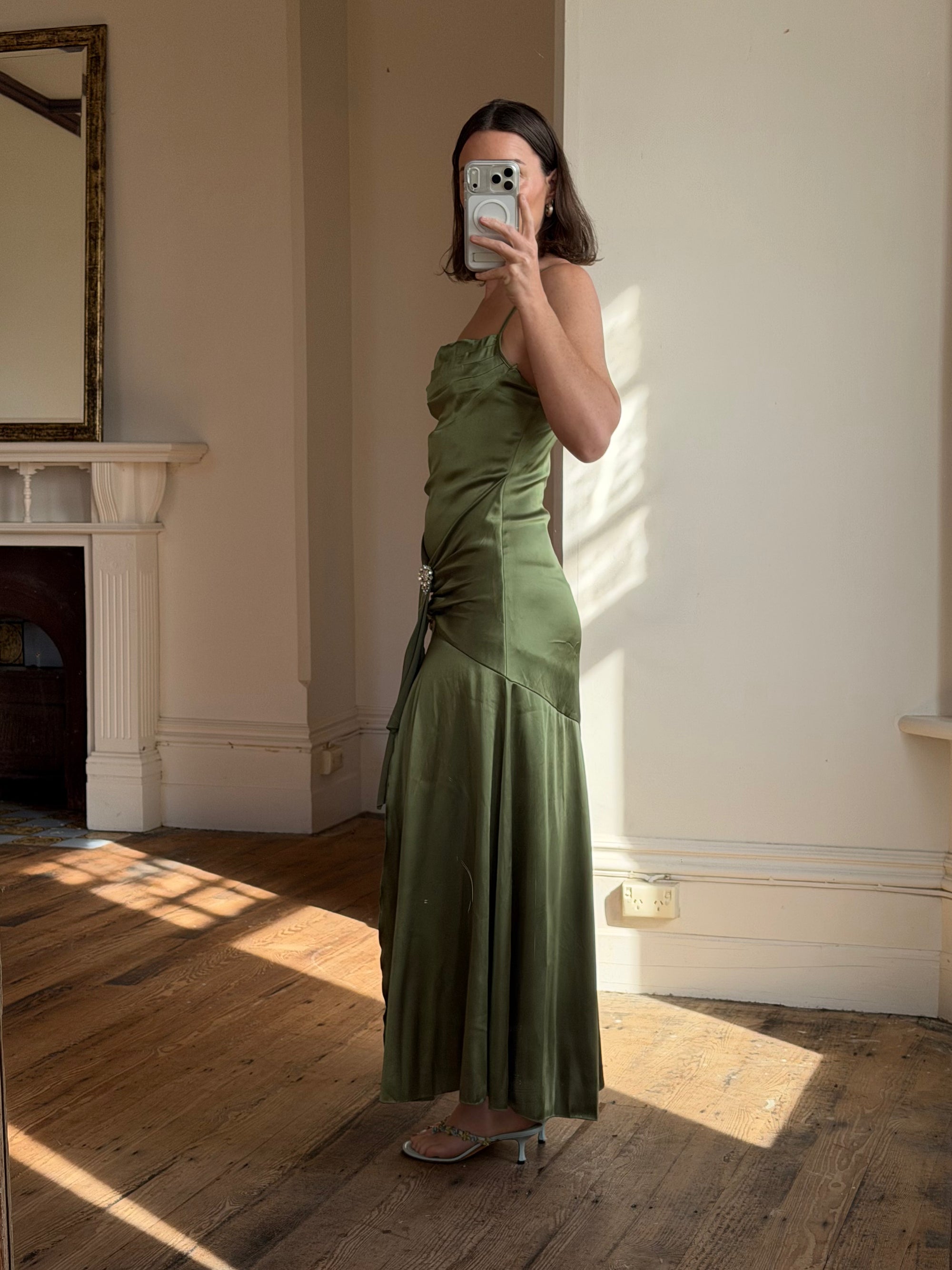 Vintage 90s Olive Green Satin Bias Rhinestone Dress