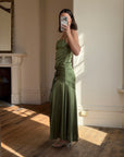 Vintage 90s Olive Green Satin Bias Rhinestone Dress