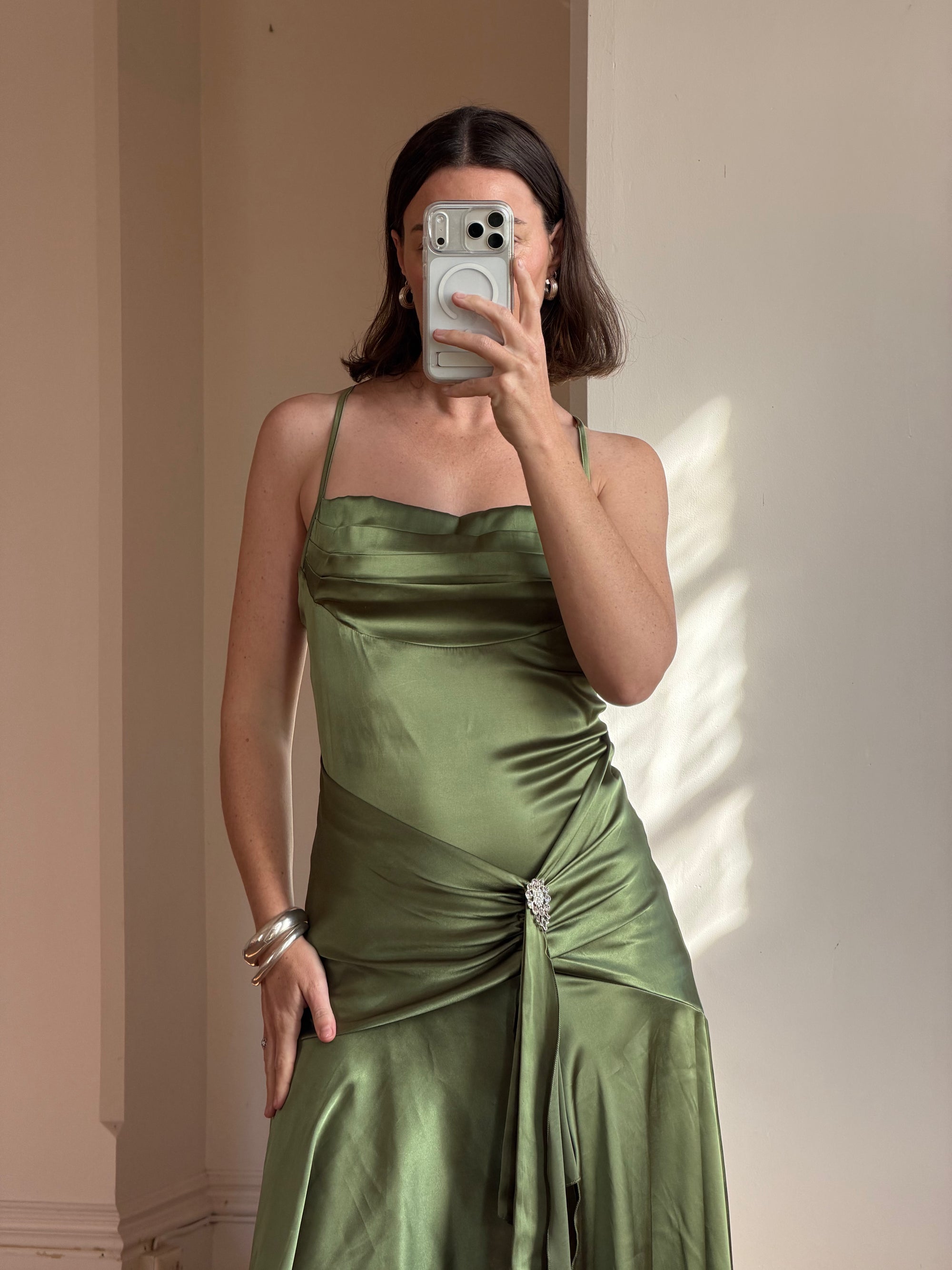 Vintage 90s Olive Green Satin Bias Rhinestone Dress