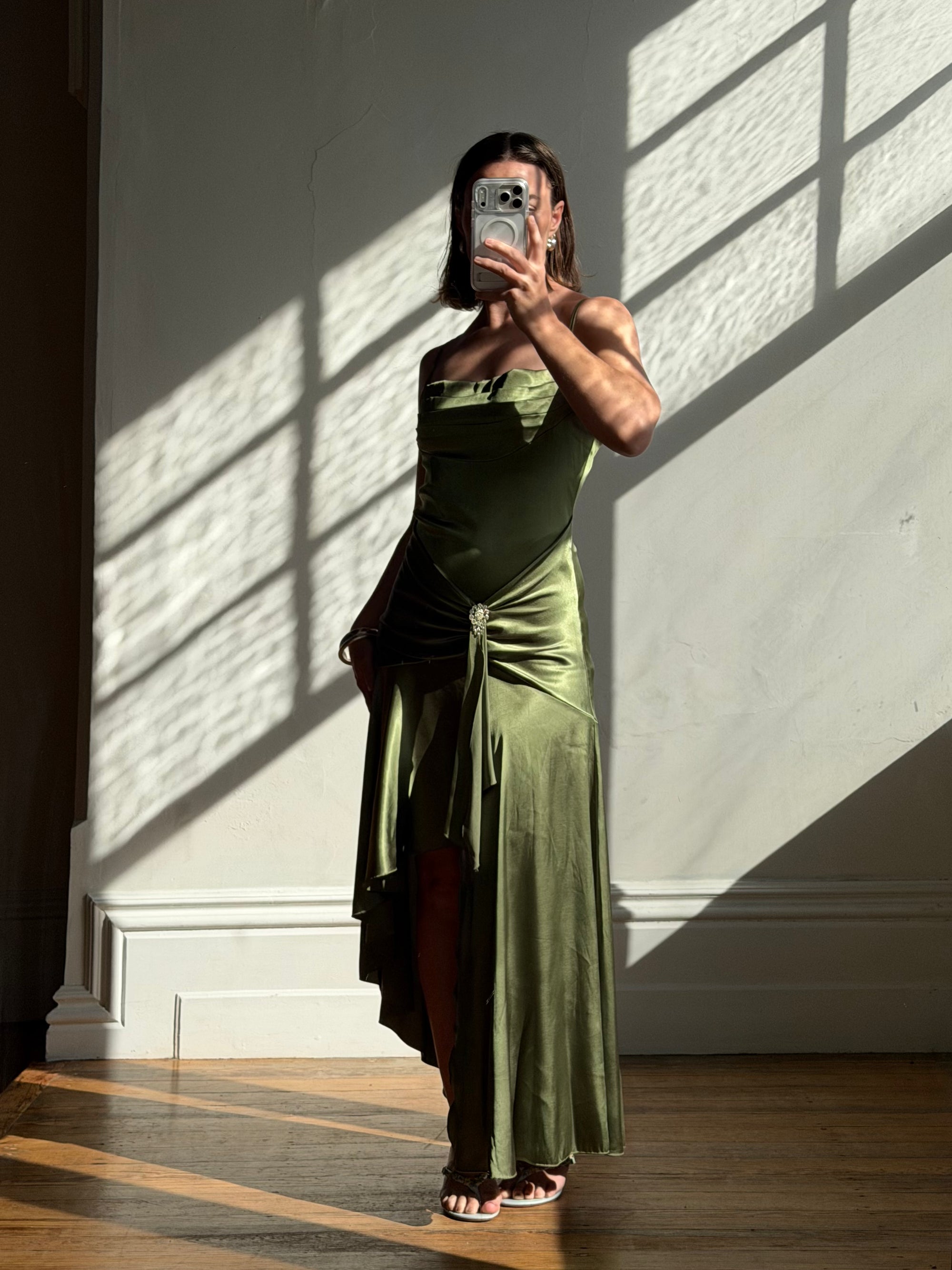 Vintage 90s Olive Green Satin Bias Rhinestone Dress