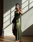 Vintage 90s Olive Green Satin Bias Rhinestone Dress