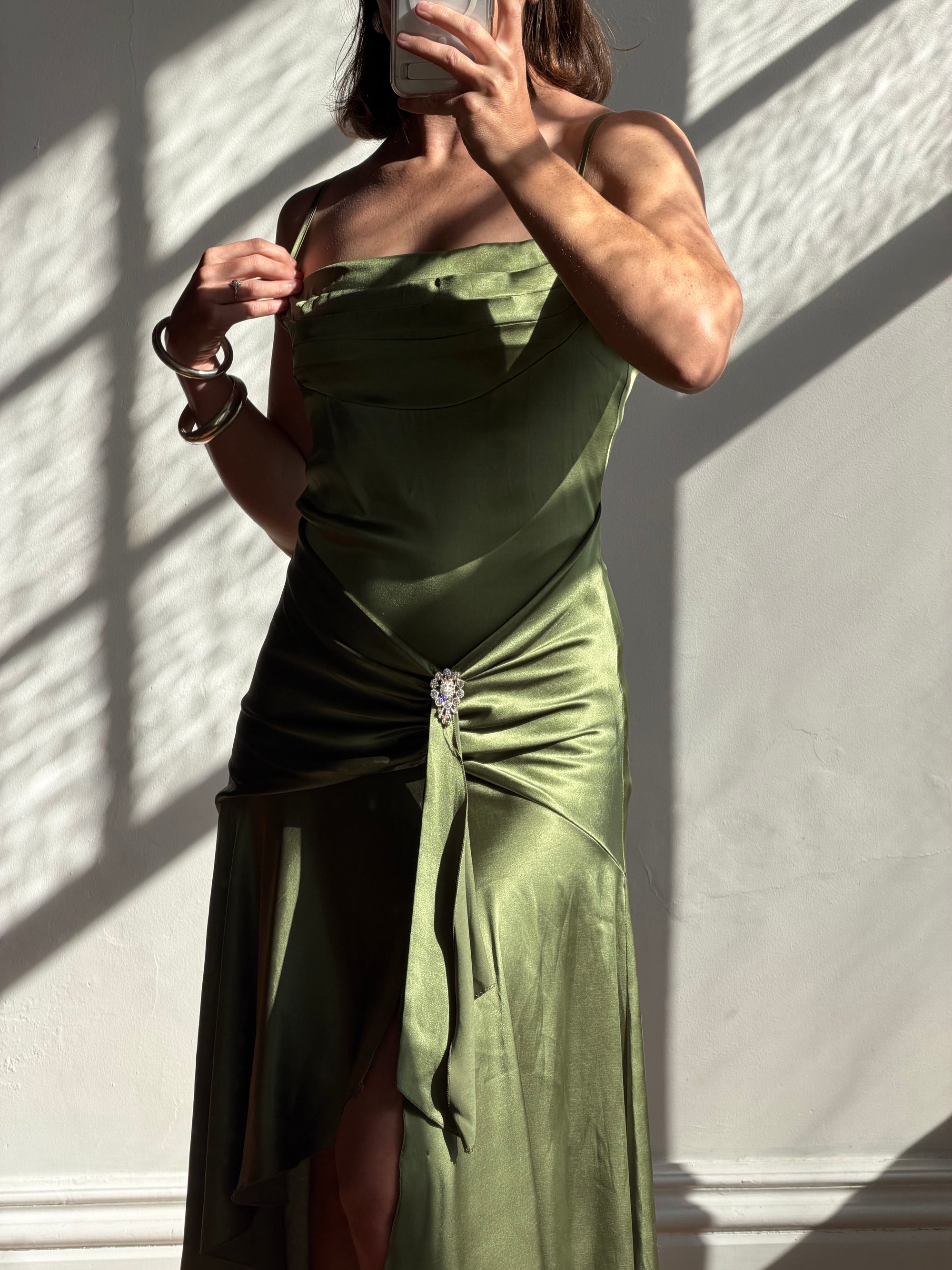 Vintage 90s Olive Green Satin Bias Rhinestone Dress