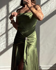 Vintage 90s Olive Green Satin Bias Rhinestone Dress