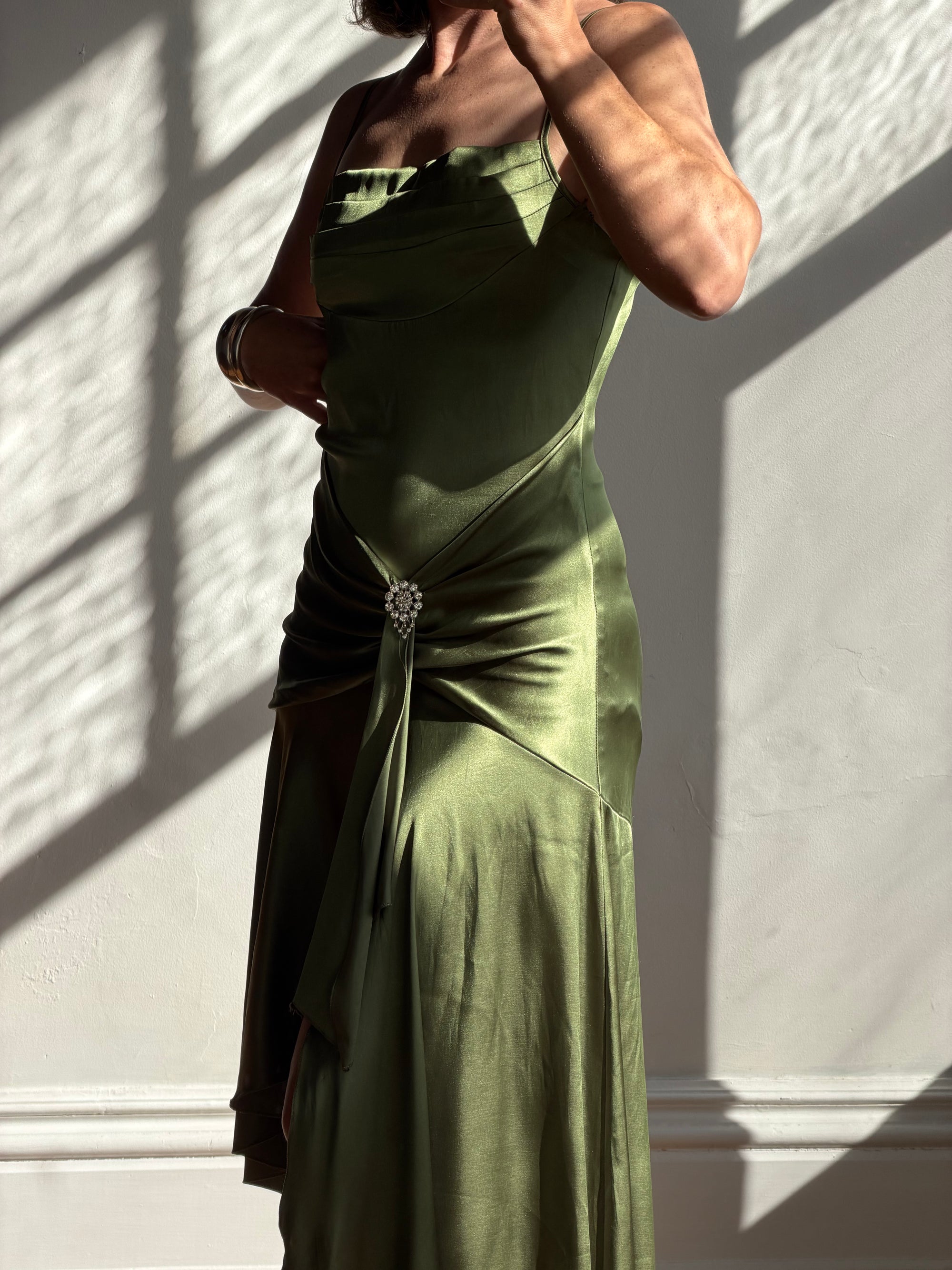 Vintage 90s Olive Green Satin Bias Rhinestone Dress