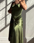 Vintage 90s Olive Green Satin Bias Rhinestone Dress