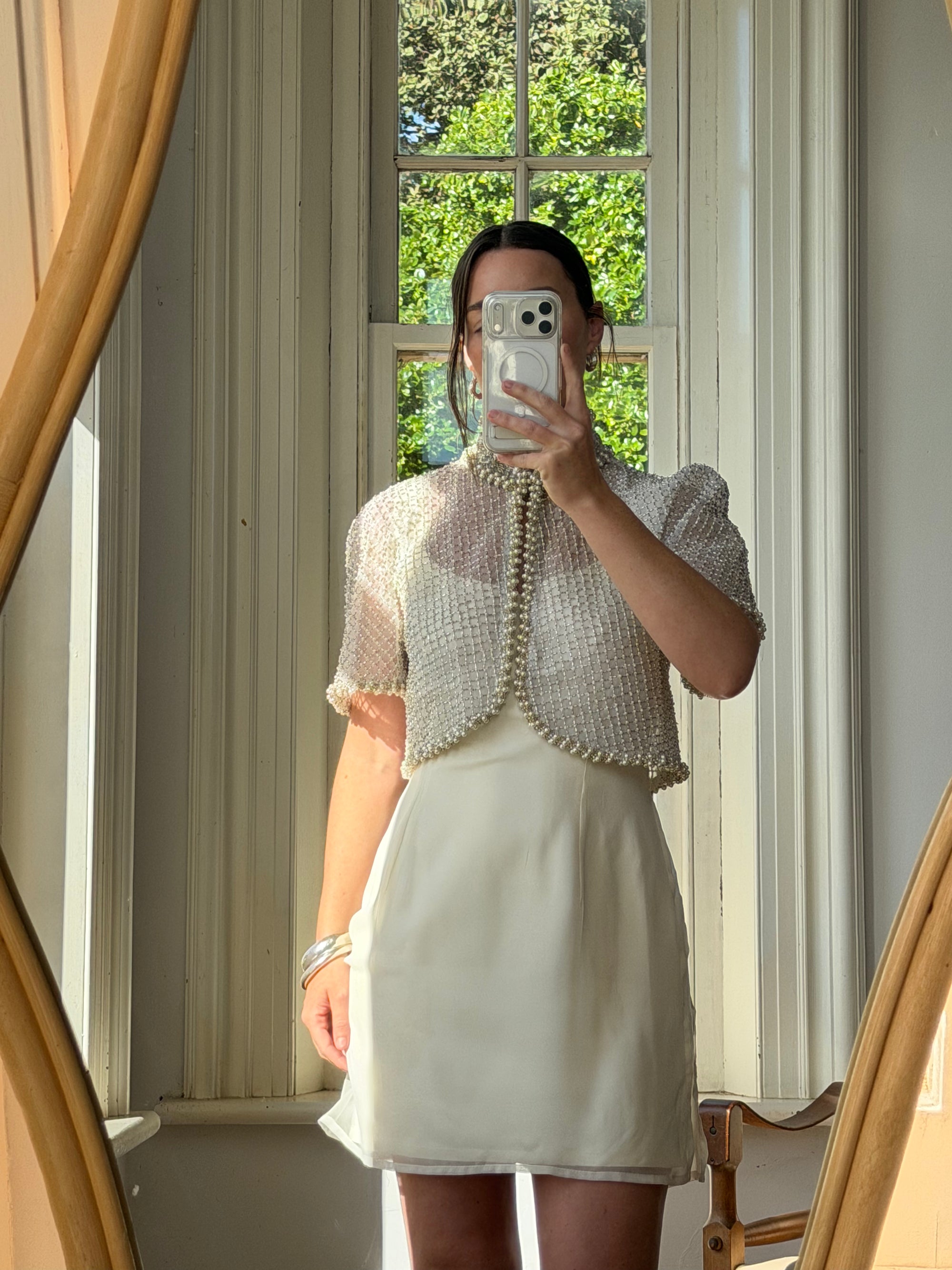 Vintage 90s Italian Couture Pearl Beaded Caplet and Satin Mini Dress Set