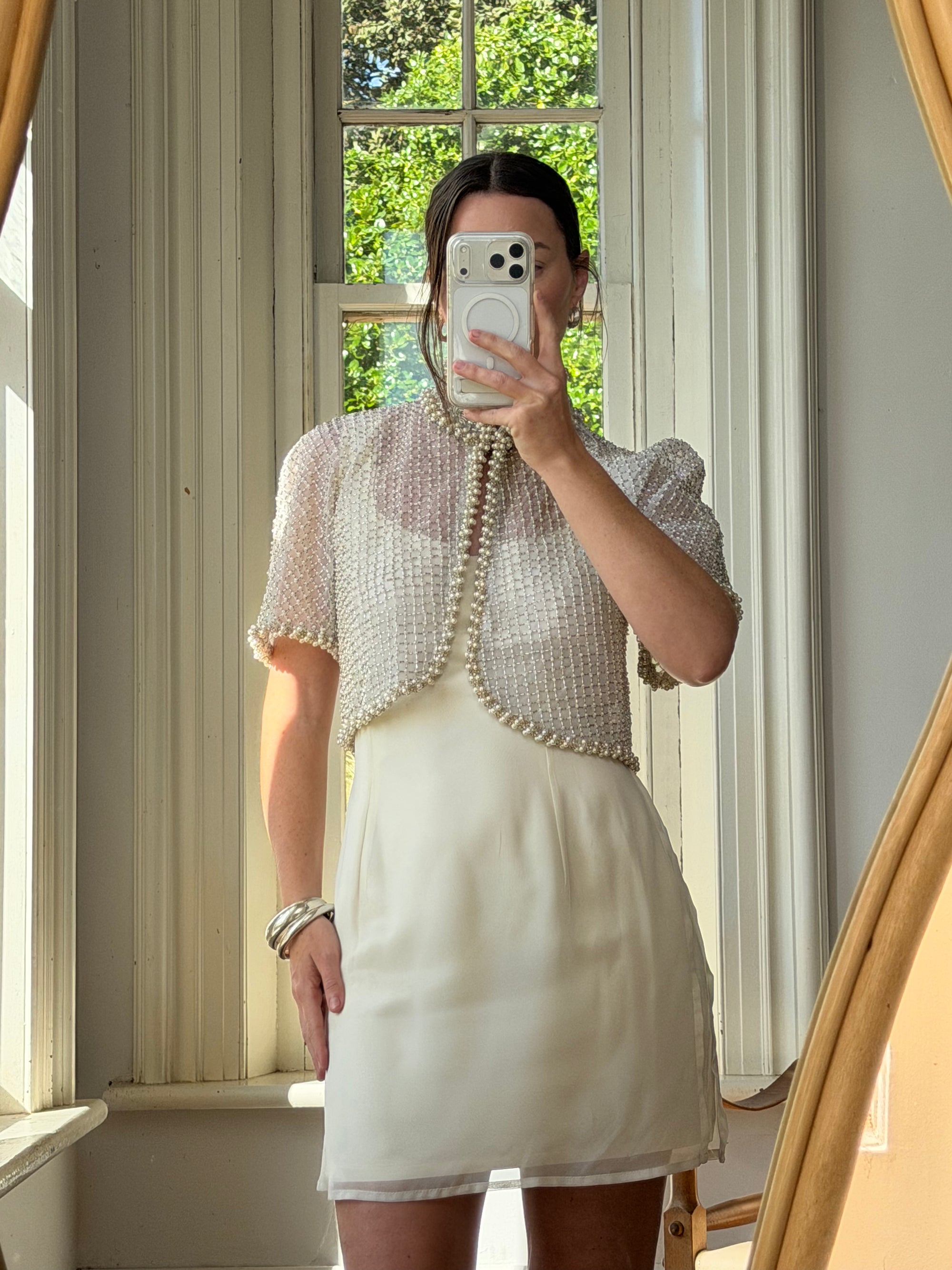 Vintage 90s Italian Couture Pearl Beaded Caplet and Satin Mini Dress Set