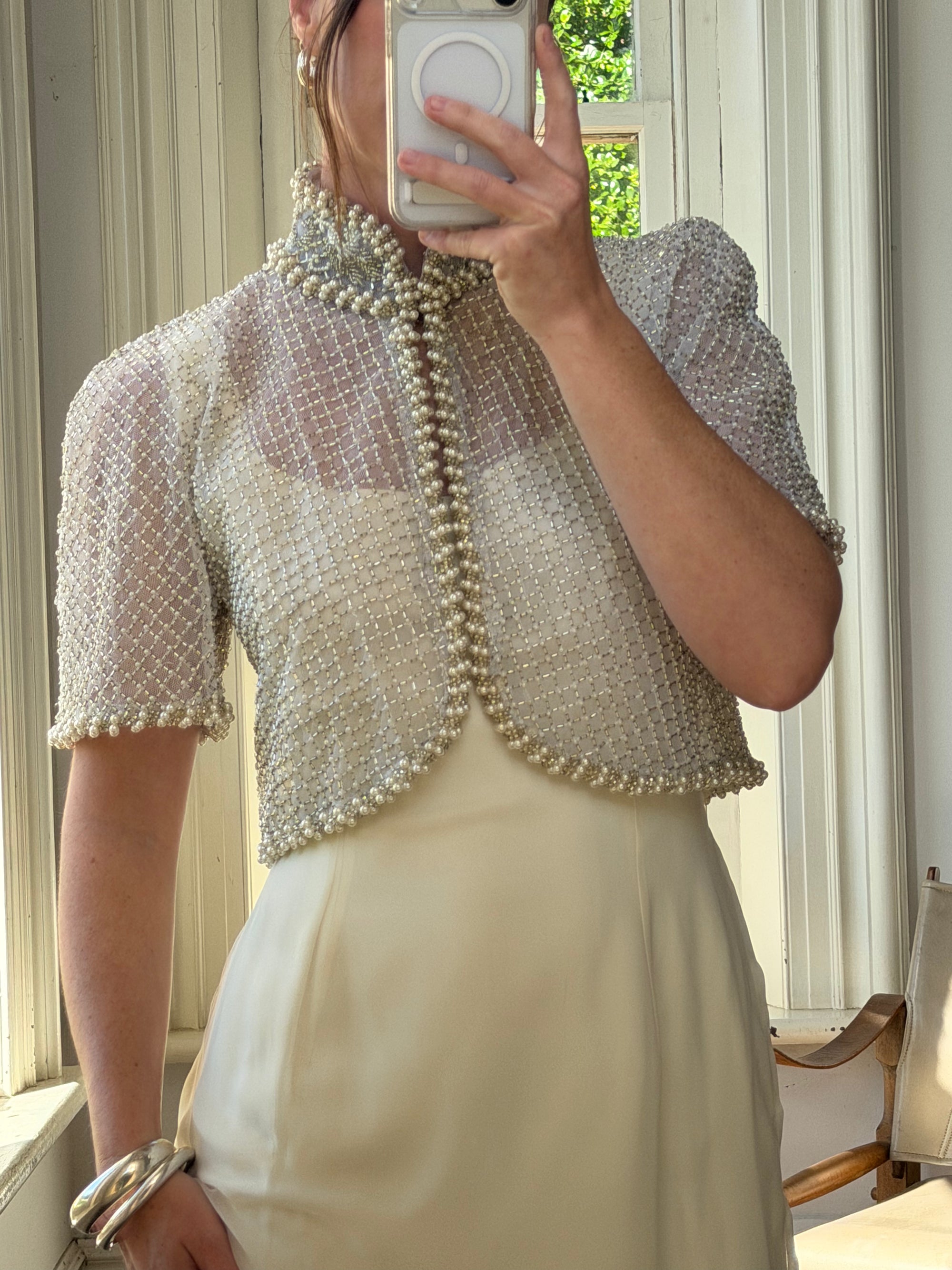 Vintage 90s Italian Couture Pearl Beaded Caplet and Satin Mini Dress Set