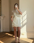 Vintage 90s Italian Couture Pearl Beaded Caplet and Satin Mini Dress Set
