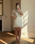 Vintage 90s Italian Couture Pearl Beaded Caplet and Satin Mini Dress Set