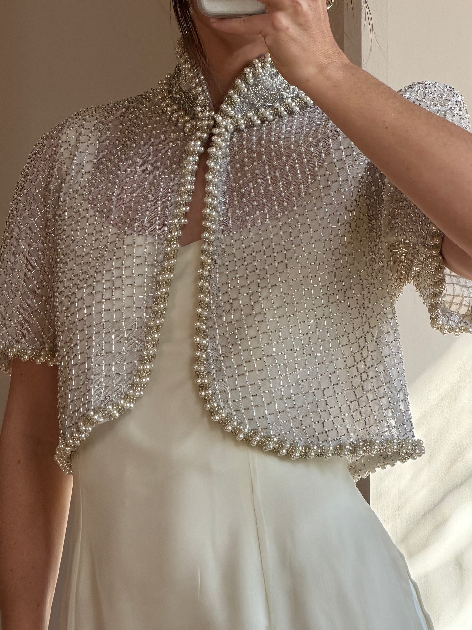Vintage 90s Italian Couture Pearl Beaded Caplet and Satin Mini Dress Set