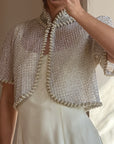 Vintage 90s Italian Couture Pearl Beaded Caplet and Satin Mini Dress Set