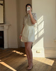 Vintage 90s Italian Couture Pearl Beaded Caplet and Satin Mini Dress Set