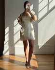 Vintage 90s Italian Couture Pearl Beaded Caplet and Satin Mini Dress Set