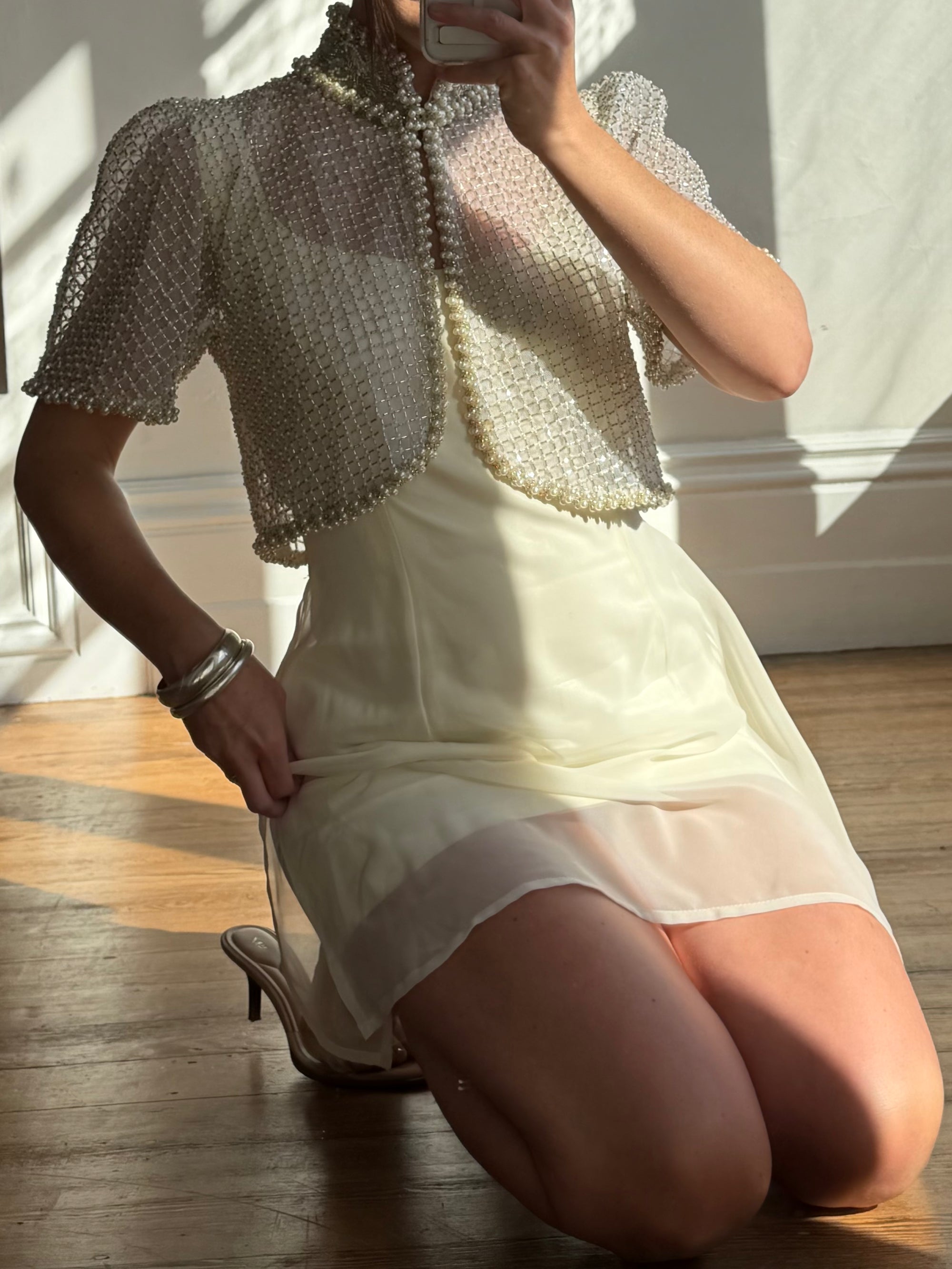 Vintage 90s Italian Couture Pearl Beaded Caplet and Satin Mini Dress Set