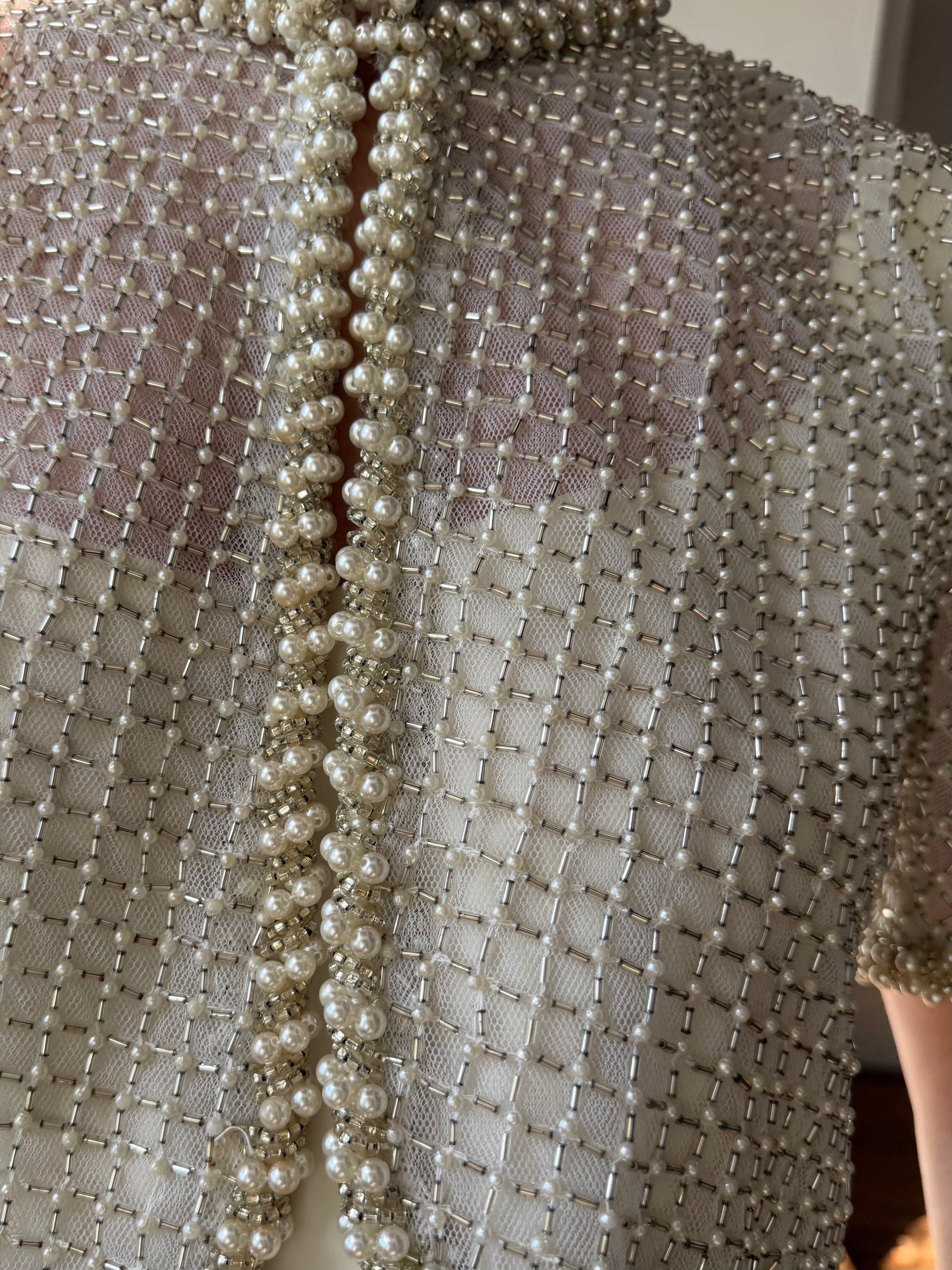 Vintage 90s Italian Couture Pearl Beaded Caplet and Satin Mini Dress Set