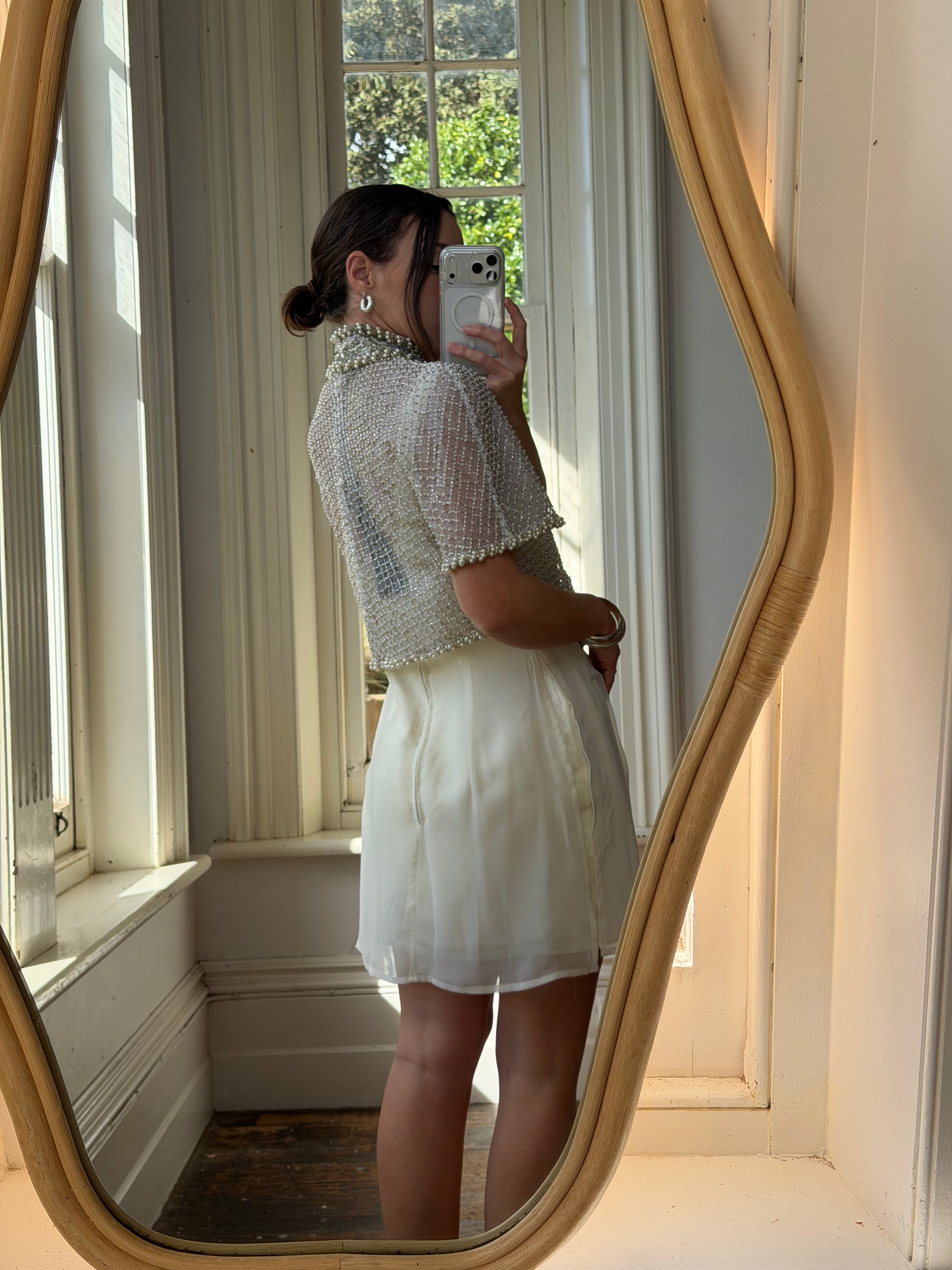 Vintage 90s Italian Couture Pearl Beaded Caplet and Satin Mini Dress Set