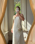Vintage 90s Pure Silk 3D Rose Appliqué Wedding Dress White
