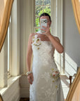 Vintage 90s Pure Silk 3D Rose Appliqué Wedding Dress White