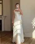 Vintage 90s Pure Silk 3D Rose Appliqué Wedding Dress White
