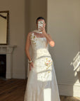 Vintage 90s Pure Silk 3D Rose Appliqué Wedding Dress White