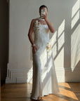 Vintage 90s Pure Silk 3D Rose Appliqué Wedding Dress White