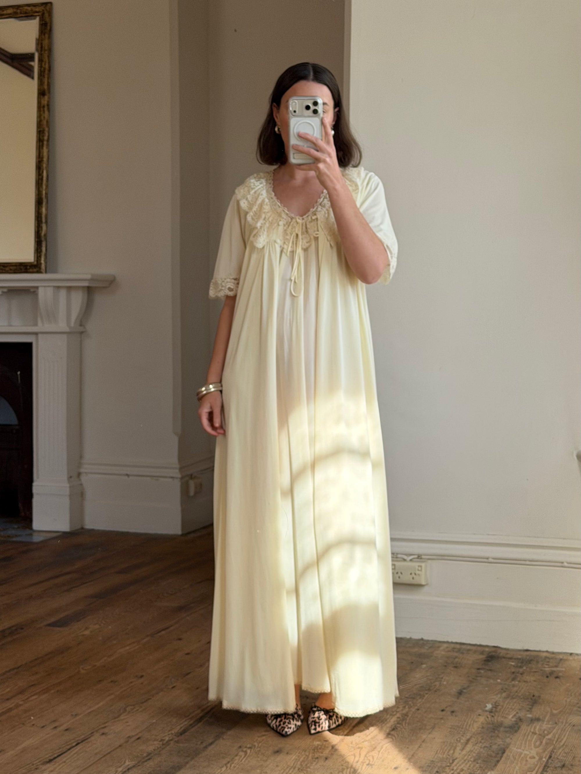 Vintage 80s Creme Lace Peignoir and Slip Set