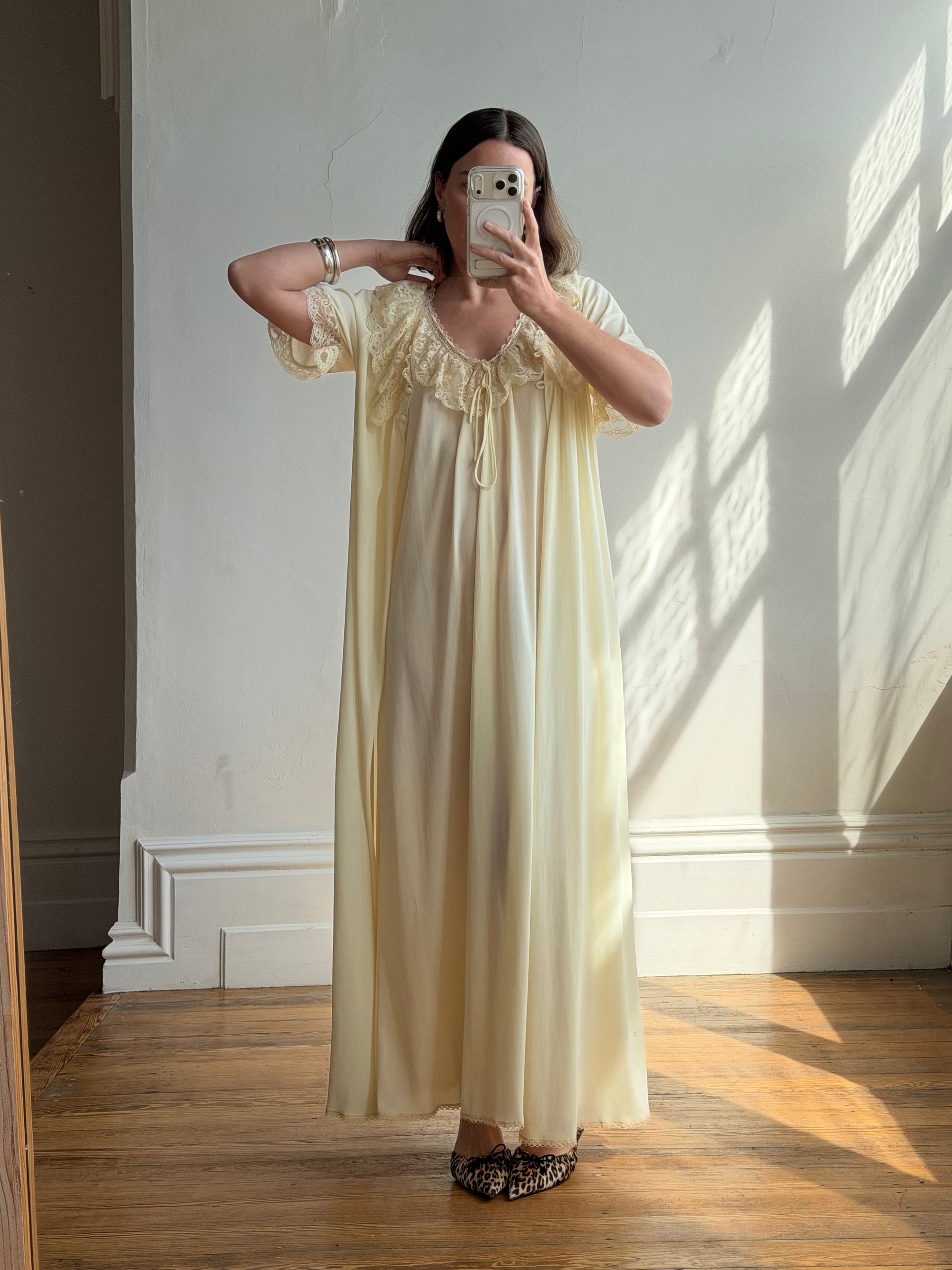 Vintage 80s Creme Lace Peignoir and Slip Set