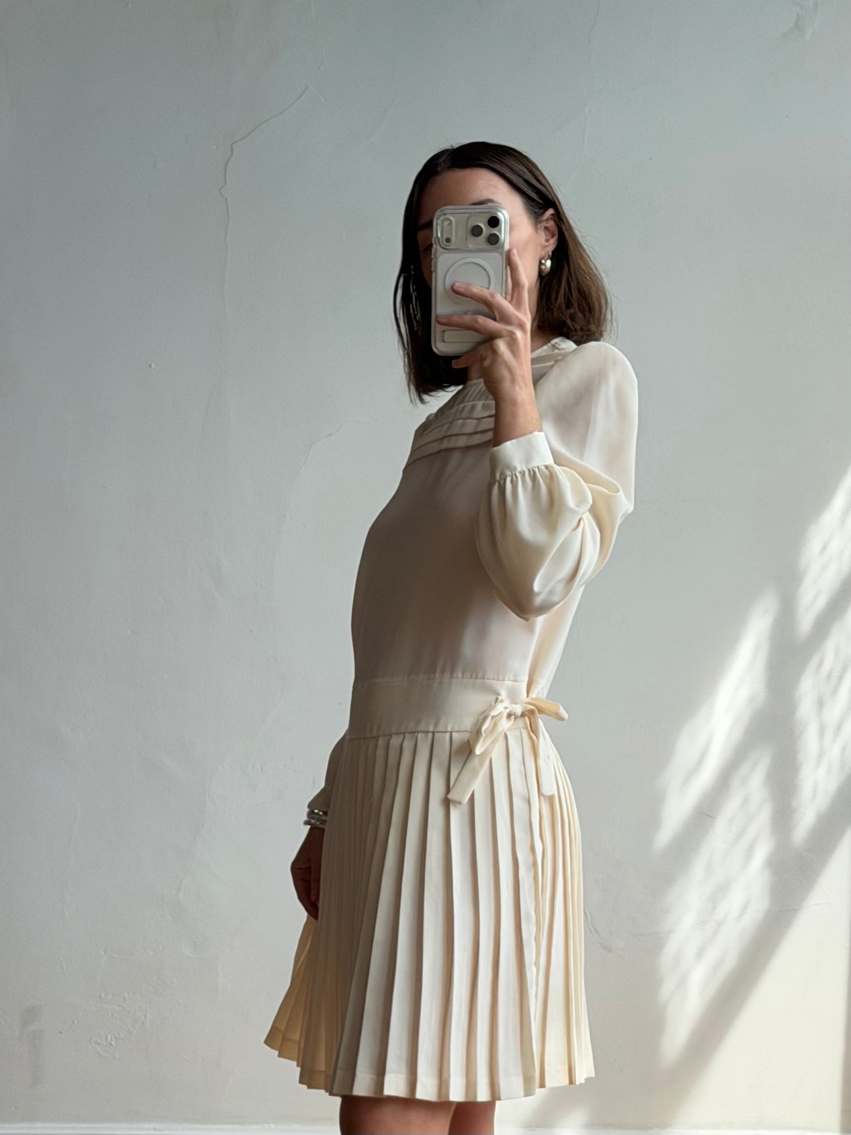 Vintage 70s Pleated Bow Waist Dress