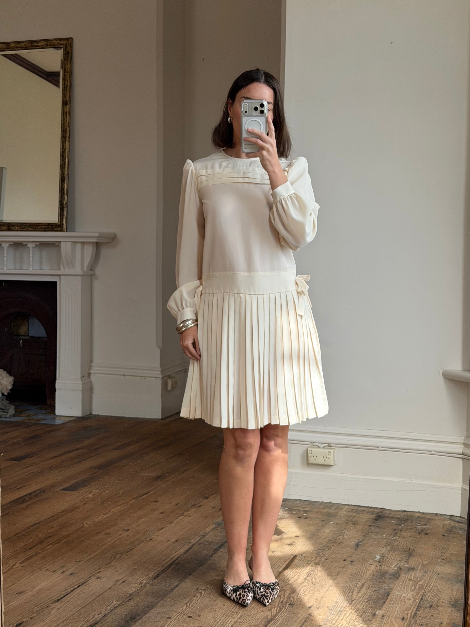Vintage 70s Pleated Bow Waist Dress