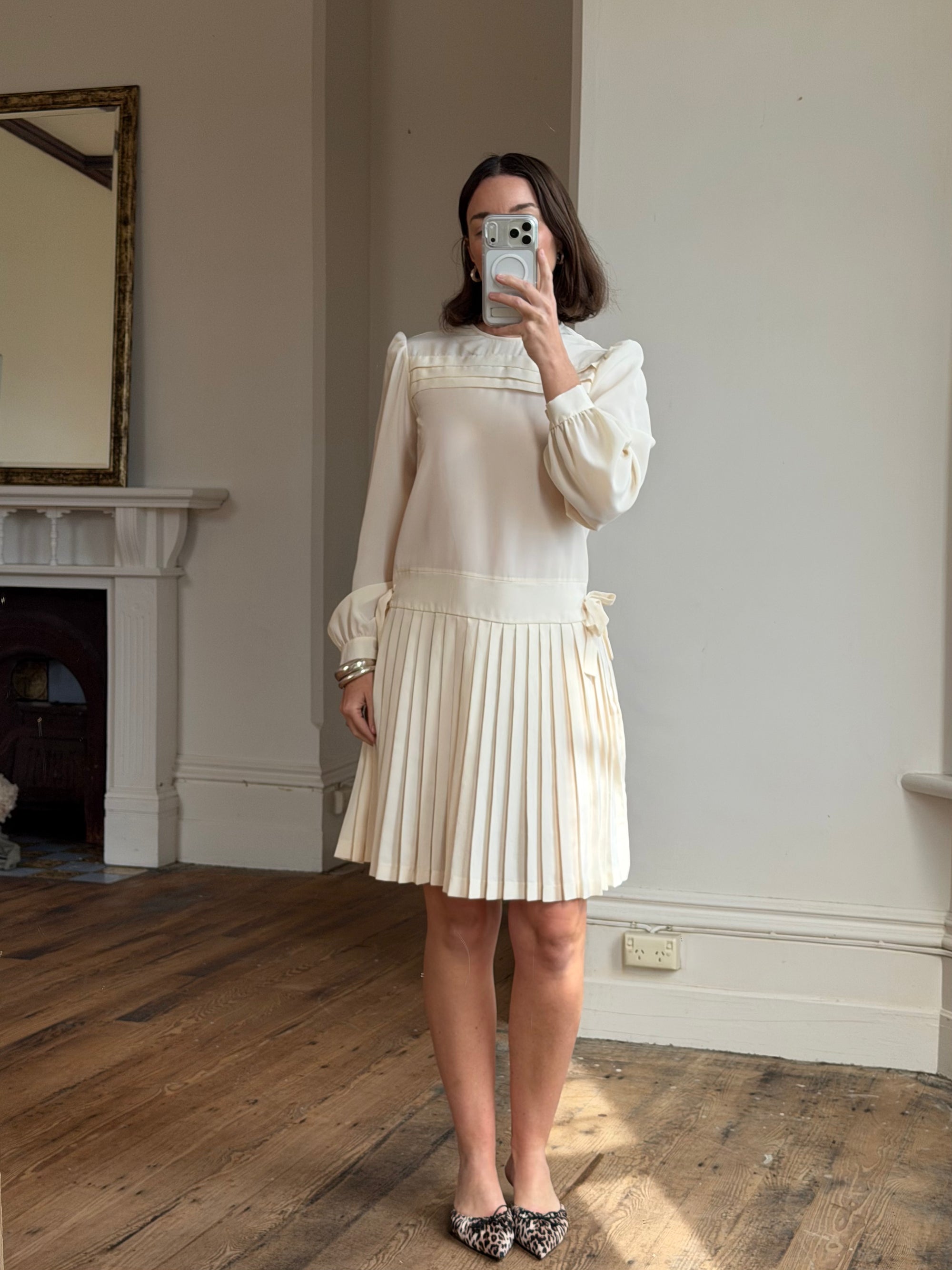 Vintage 70s Pleated Bow Waist Dress
