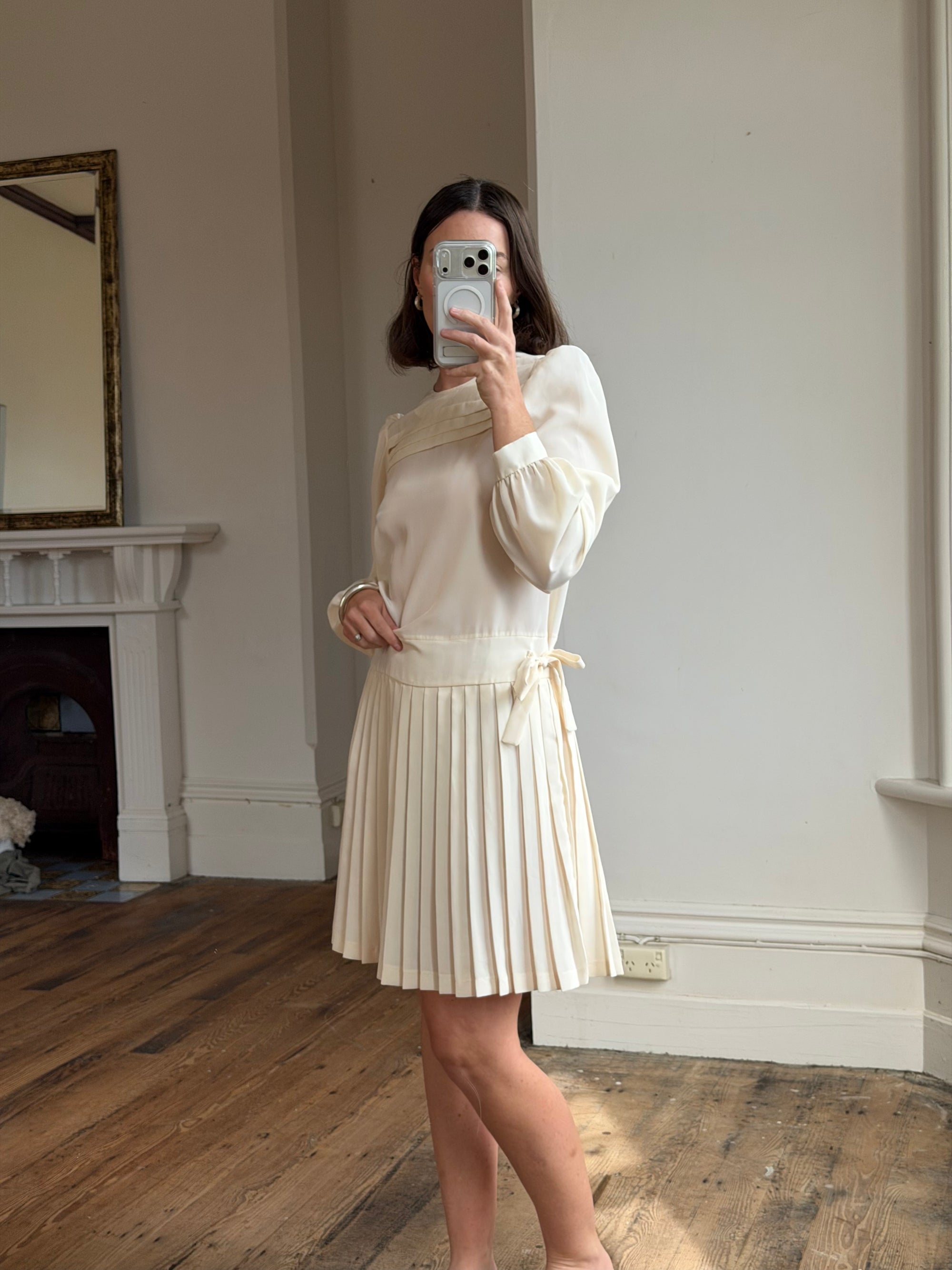 Vintage 70s Pleated Bow Waist Dress