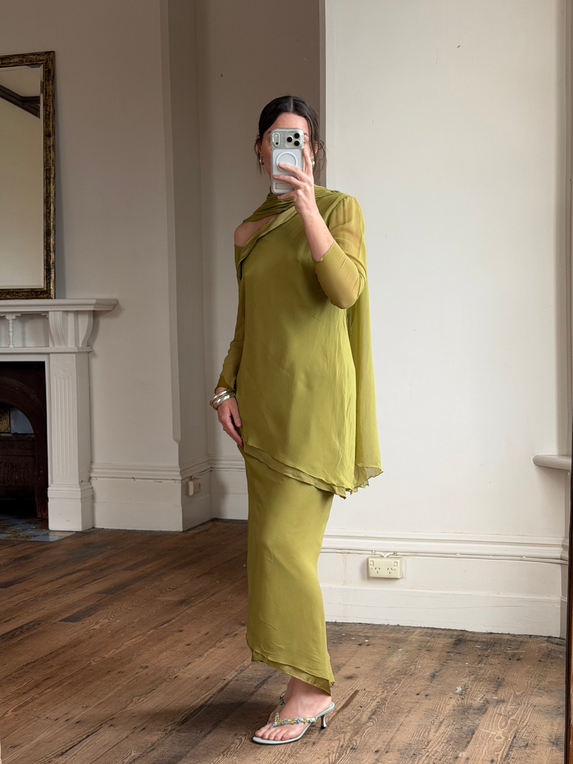 Vintage 90s Pure Silk 3-Piece Asymmetrical Set Olive