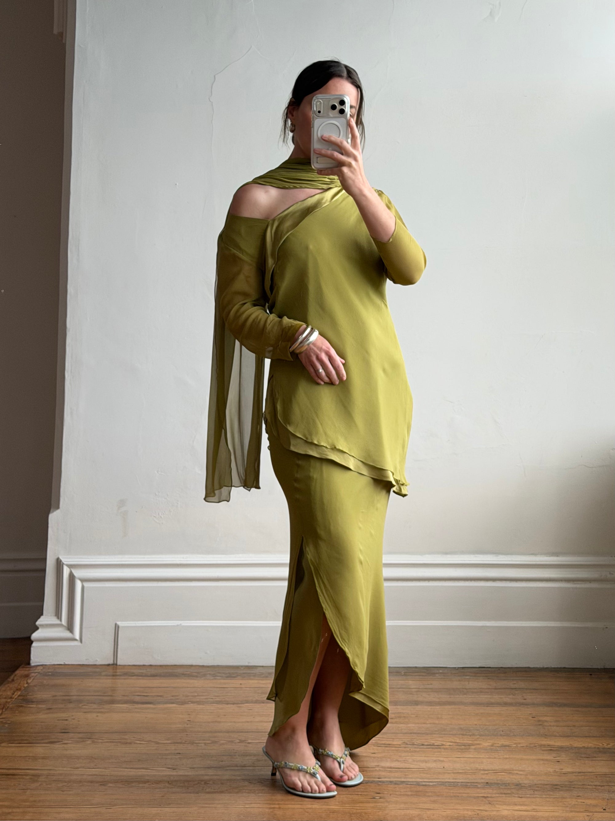 Vintage 90s Pure Silk 3-Piece Asymmetrical Set Olive