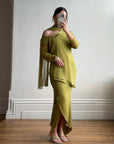 Vintage 90s Pure Silk 3-Piece Asymmetrical Set Olive