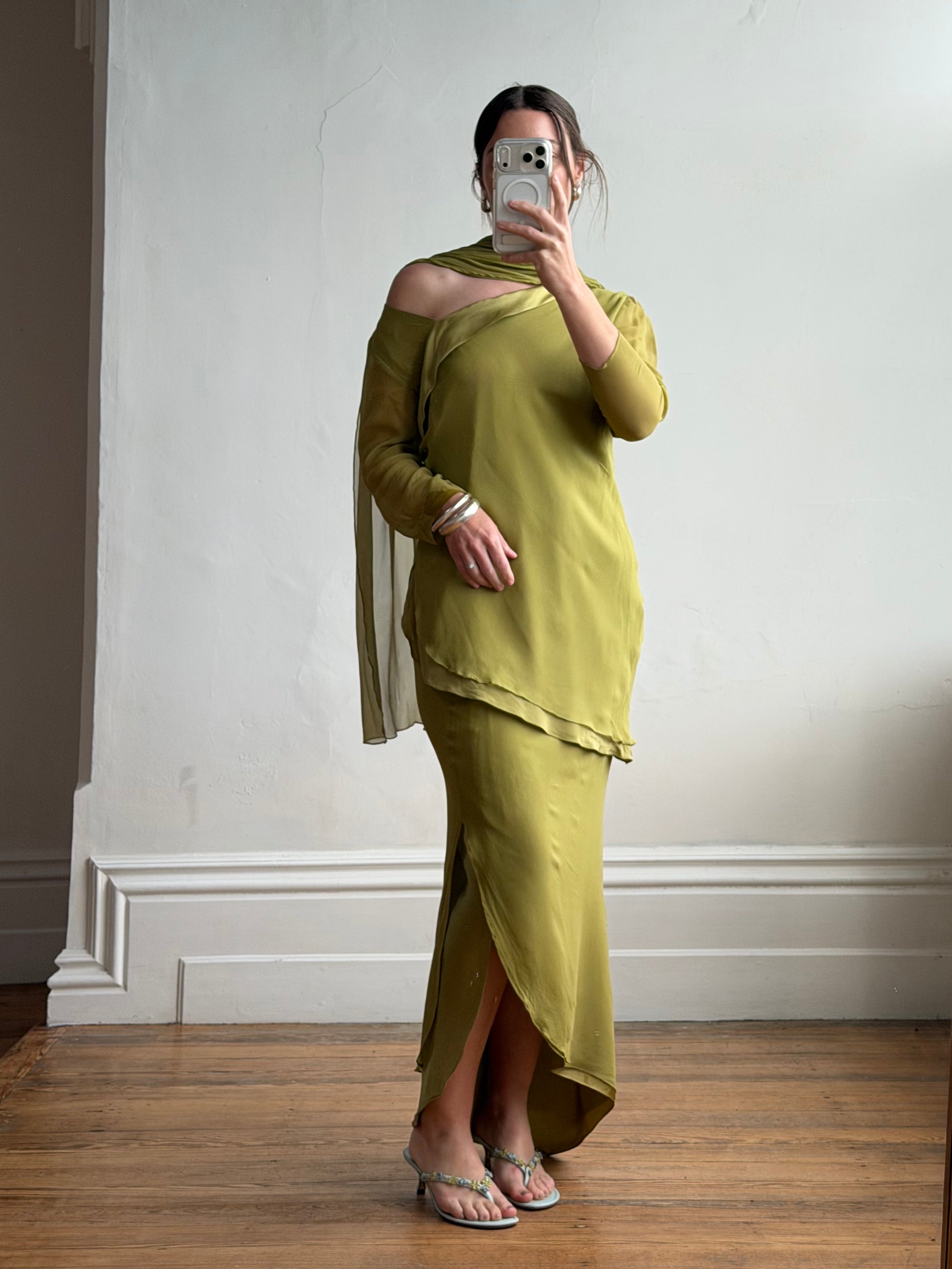 Vintage 90s Pure Silk 3-Piece Asymmetrical Set Olive