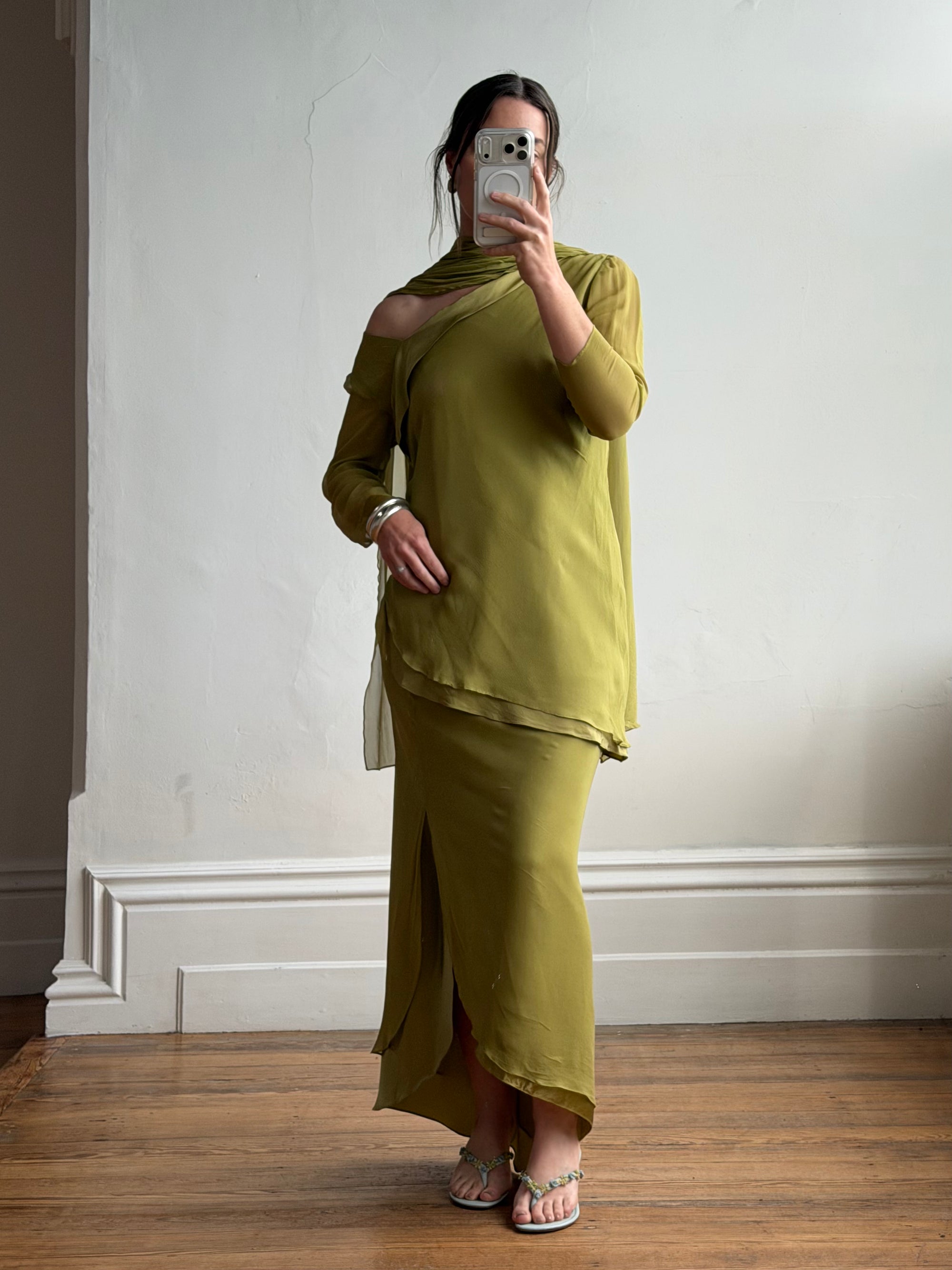 Vintage 90s Pure Silk 3-Piece Asymmetrical Set Olive