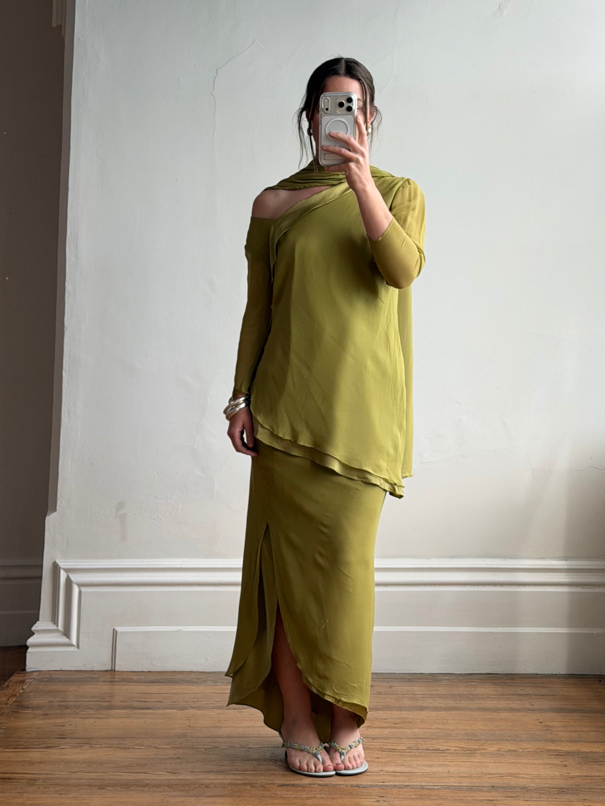 Vintage 90s Pure Silk 3-Piece Asymmetrical Set Olive