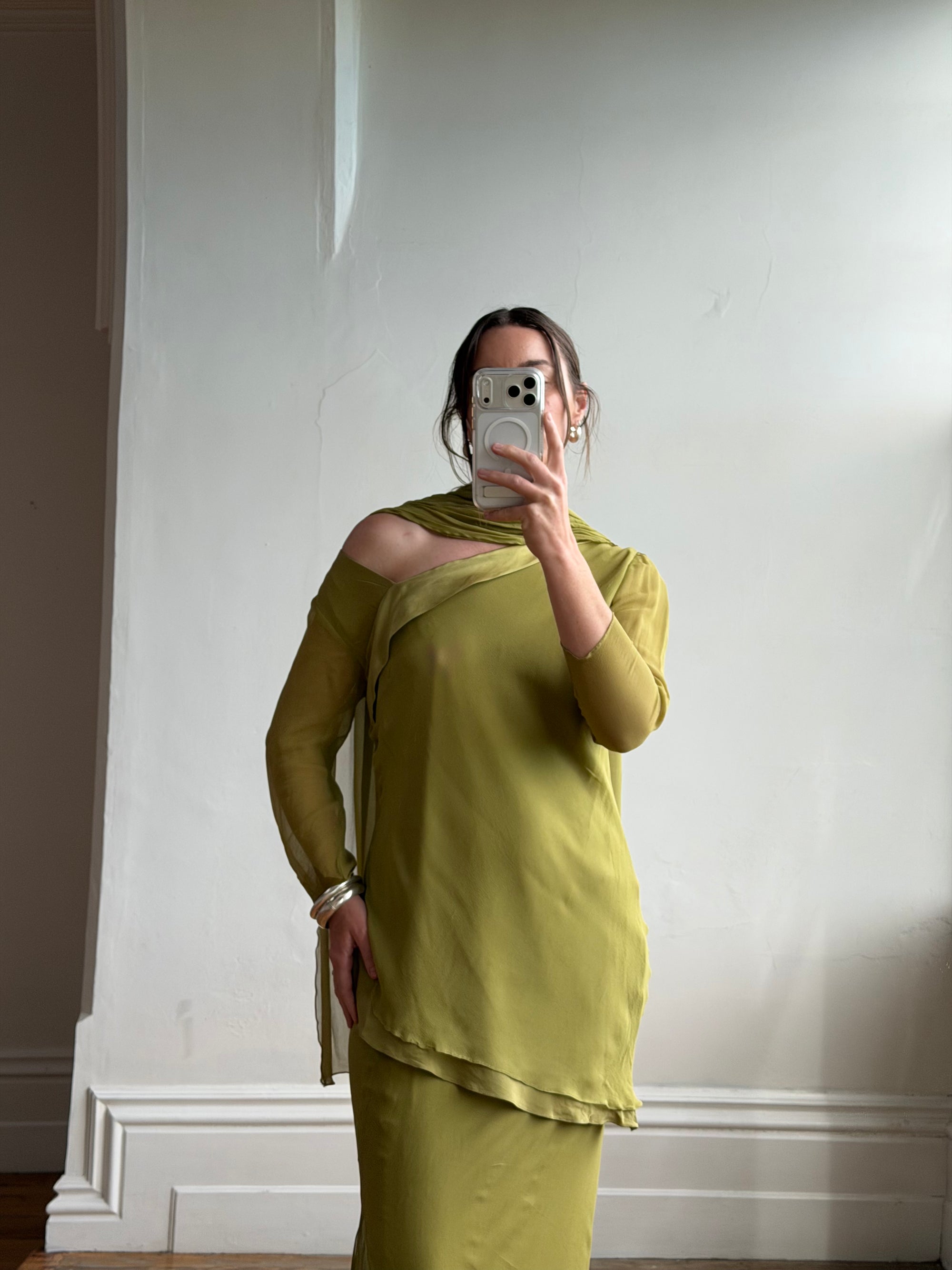 Vintage 90s Pure Silk 3-Piece Asymmetrical Set Olive