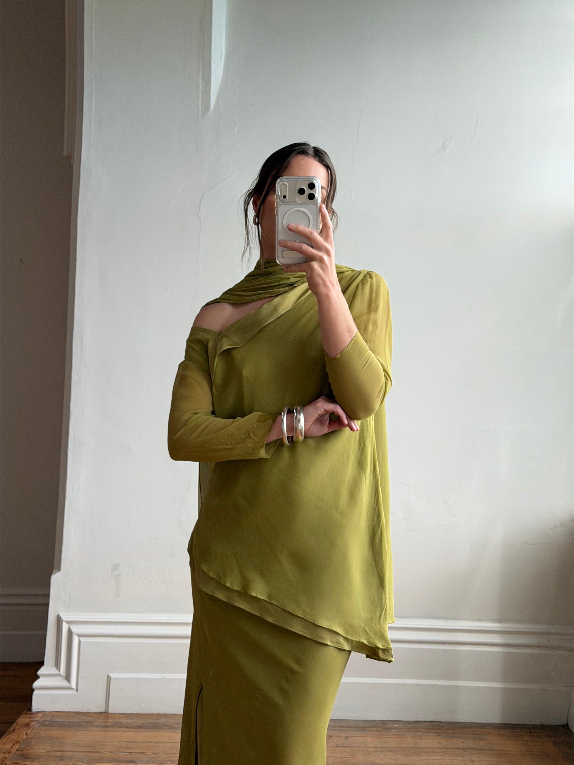 Vintage 90s Pure Silk 3-Piece Asymmetrical Set Olive
