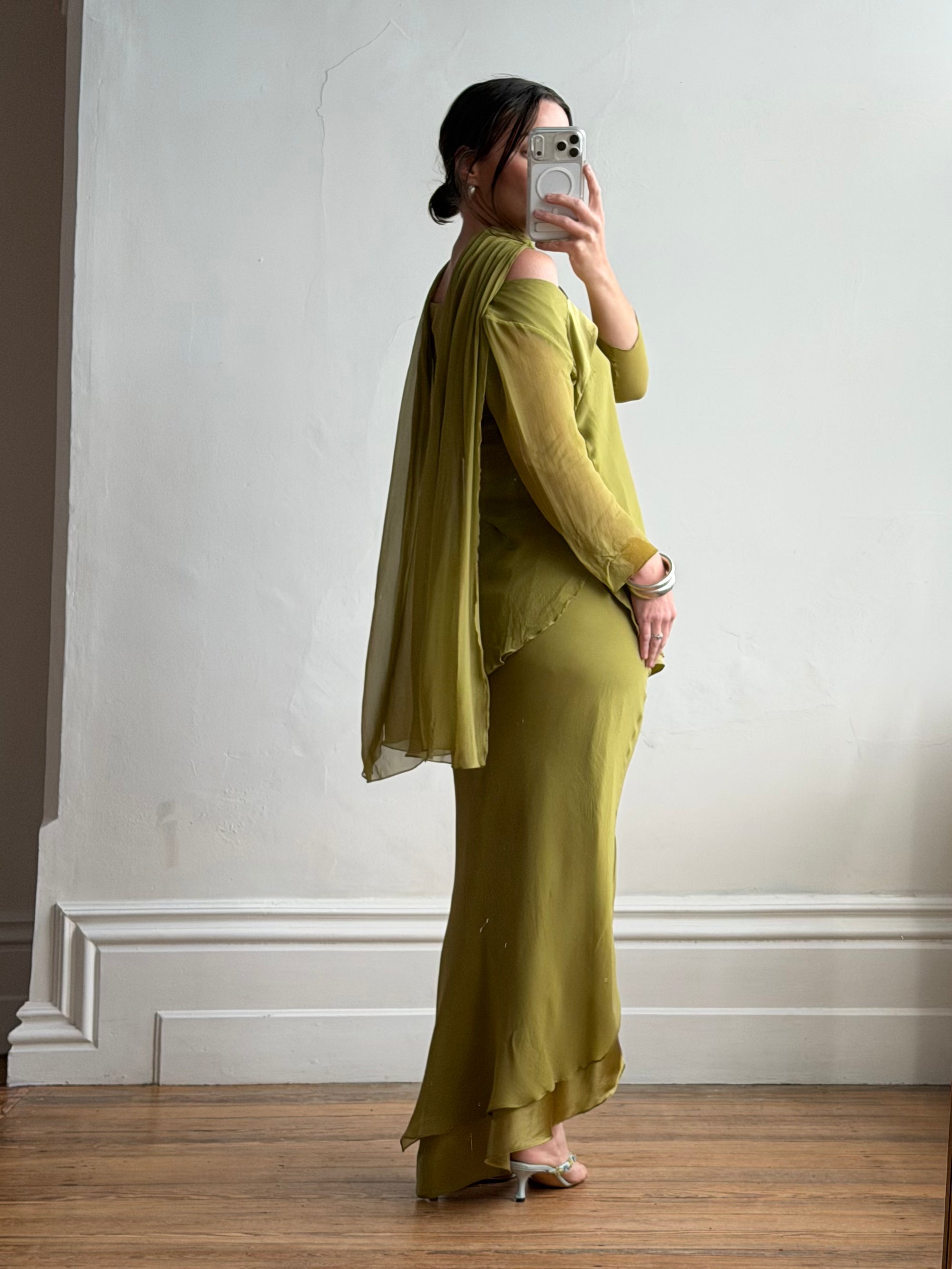 Vintage 90s Pure Silk 3-Piece Asymmetrical Set Olive