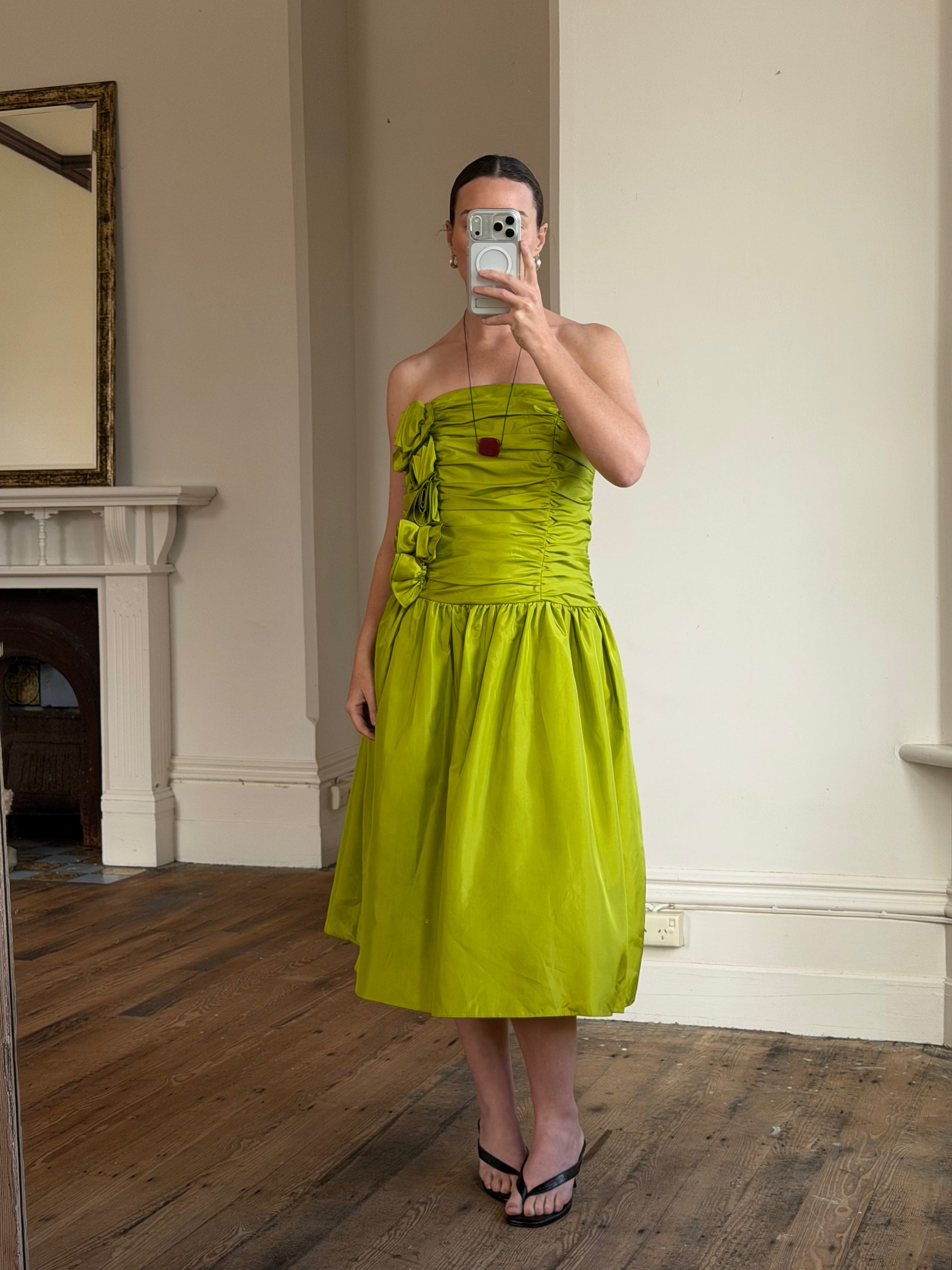 Vintage 80s Chartreuse Taffeta Strapless Cocktail Dress