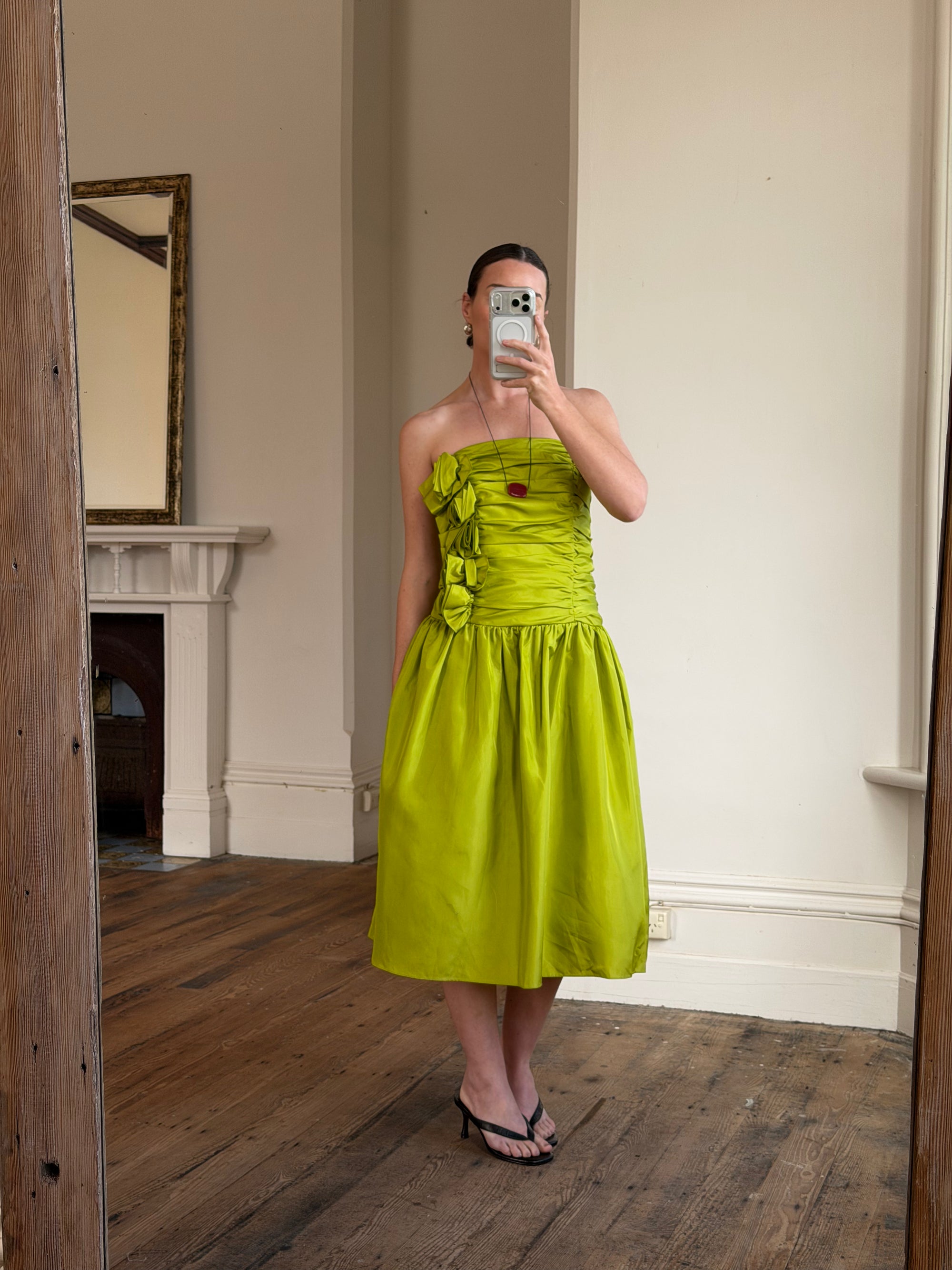 Vintage 80s Chartreuse Taffeta Strapless Cocktail Dress