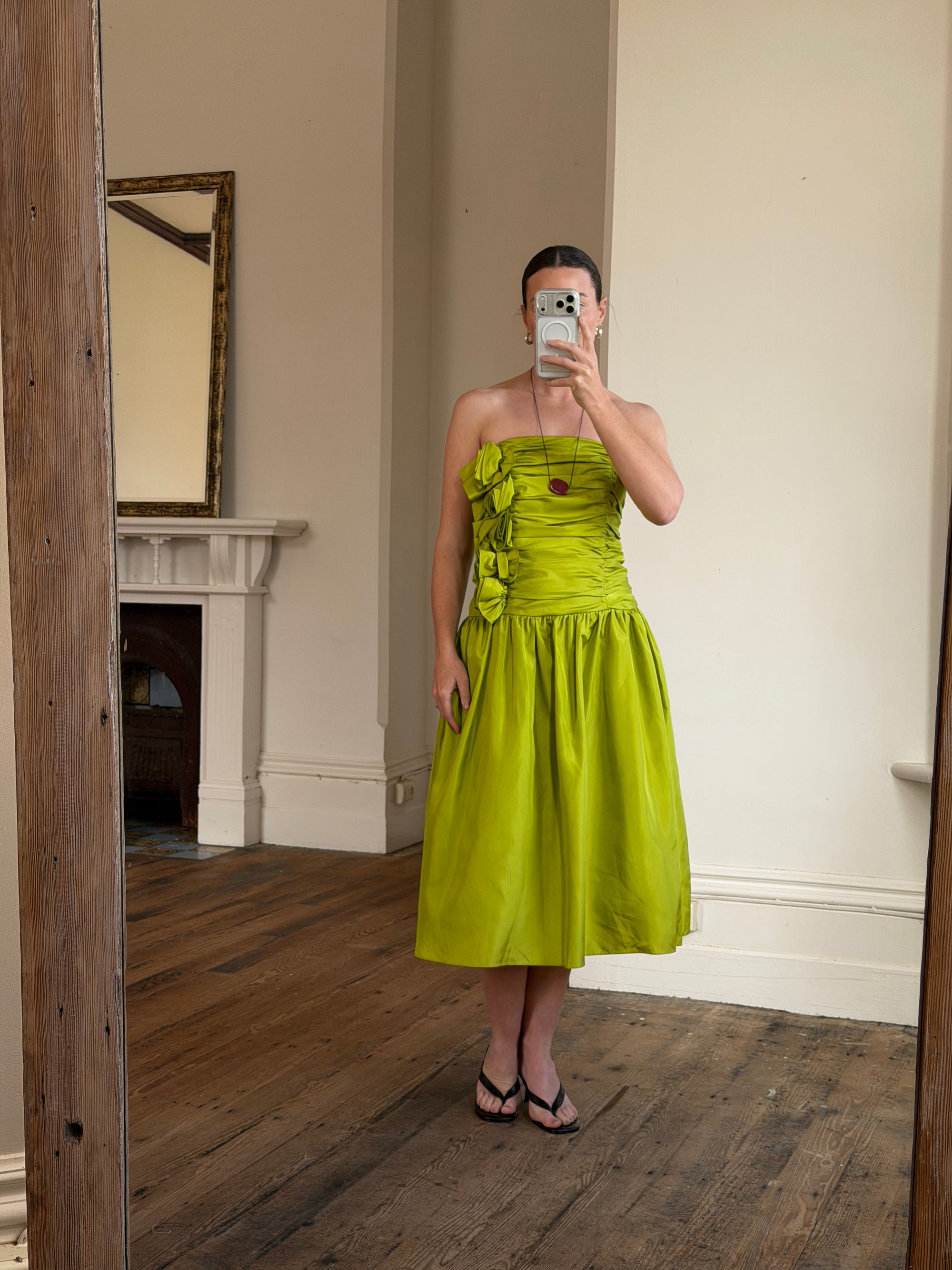 Vintage 80s Chartreuse Taffeta Strapless Cocktail Dress
