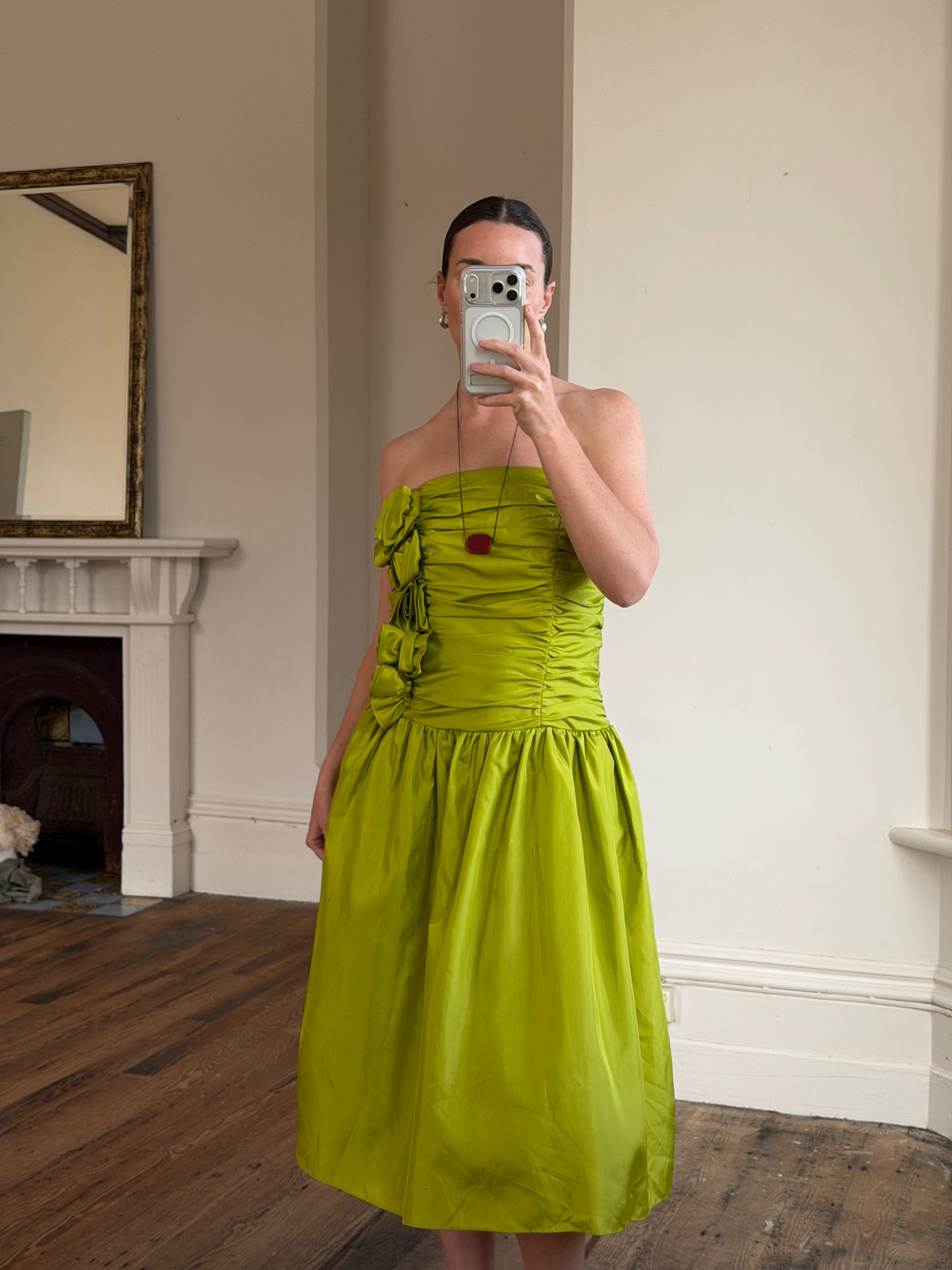 Vintage 80s Chartreuse Taffeta Strapless Cocktail Dress