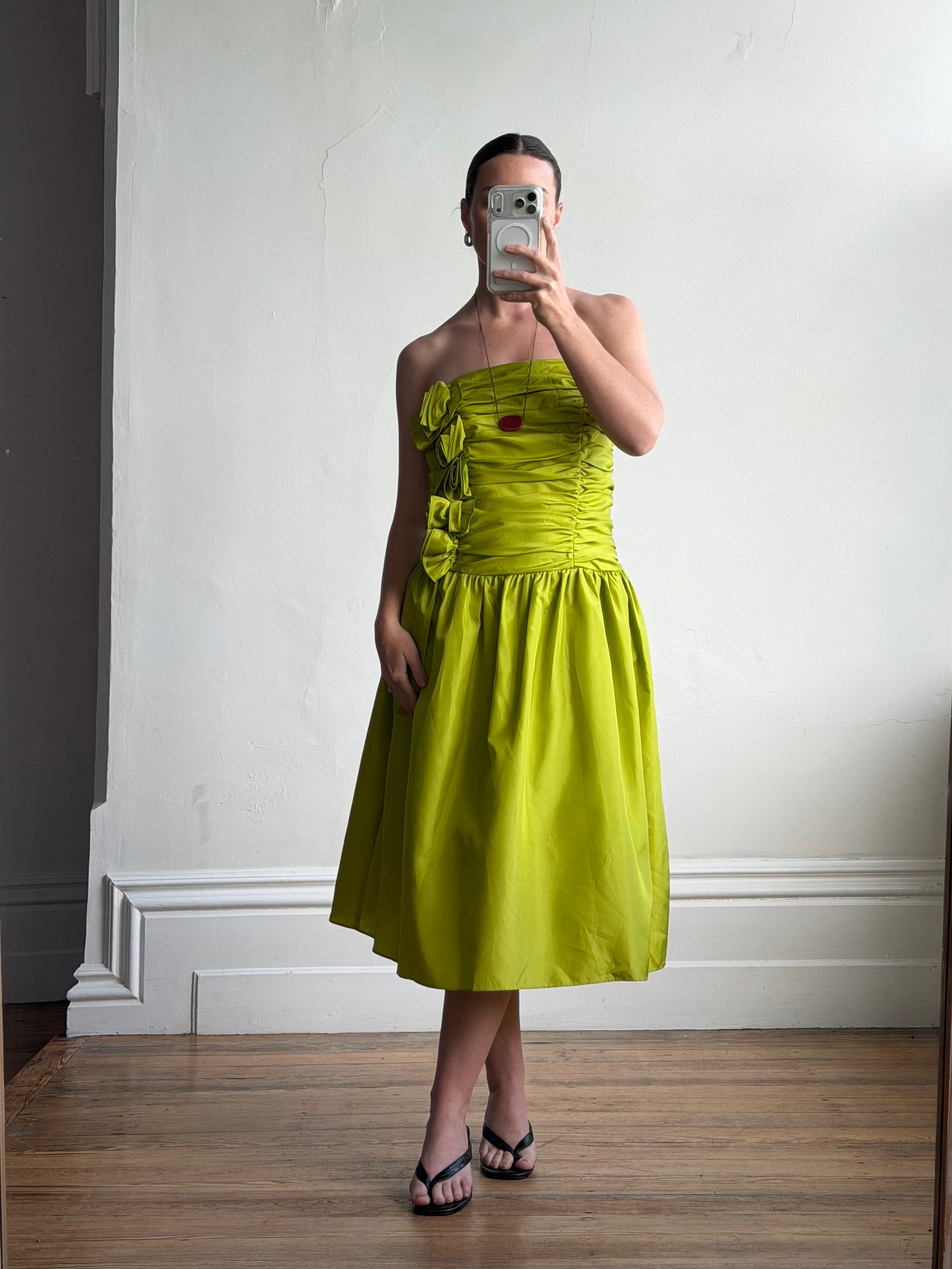 Vintage 80s Chartreuse Taffeta Strapless Cocktail Dress