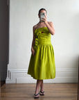 Vintage 80s Chartreuse Taffeta Strapless Cocktail Dress