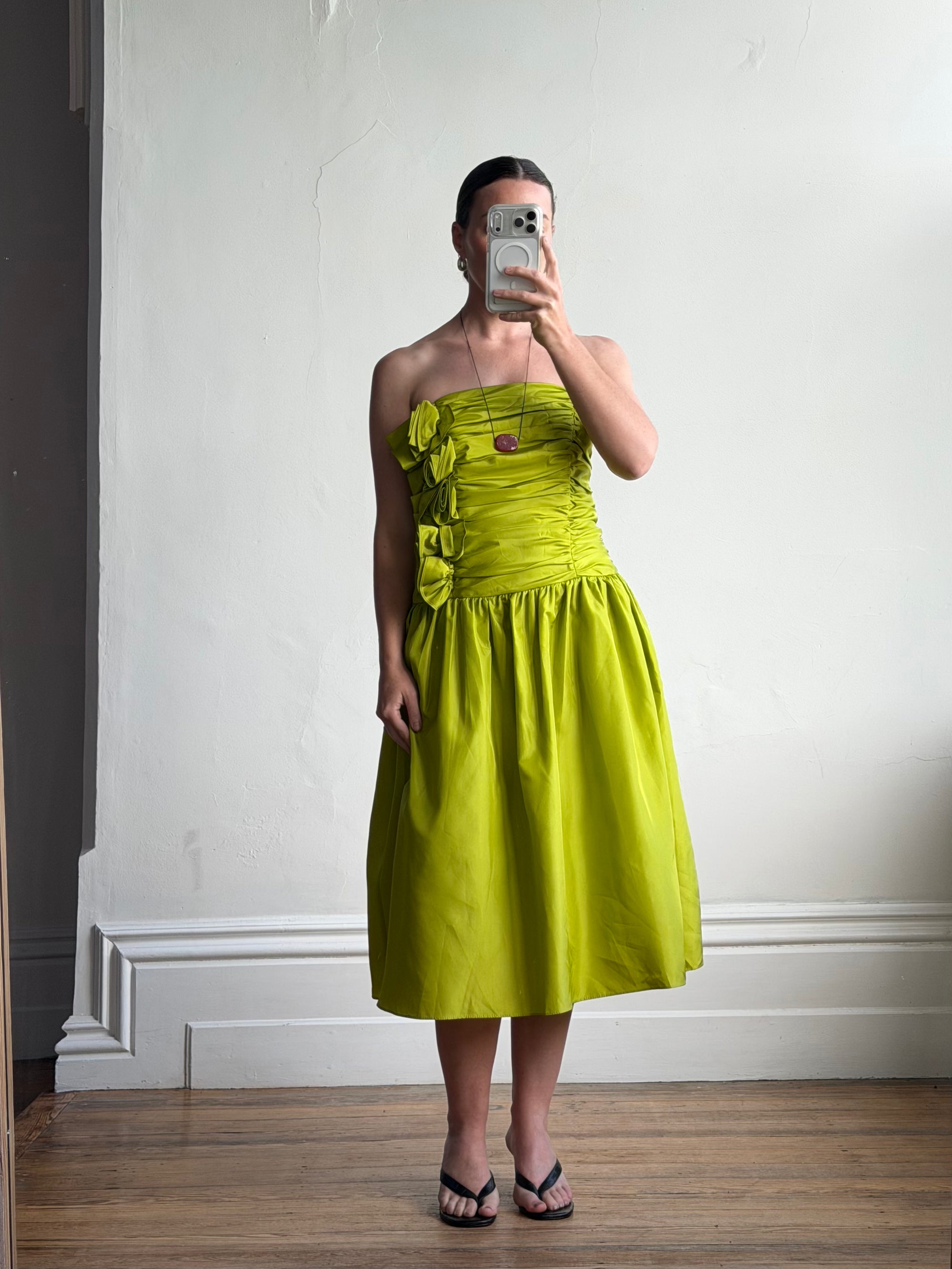 Vintage 80s Chartreuse Taffeta Strapless Cocktail Dress