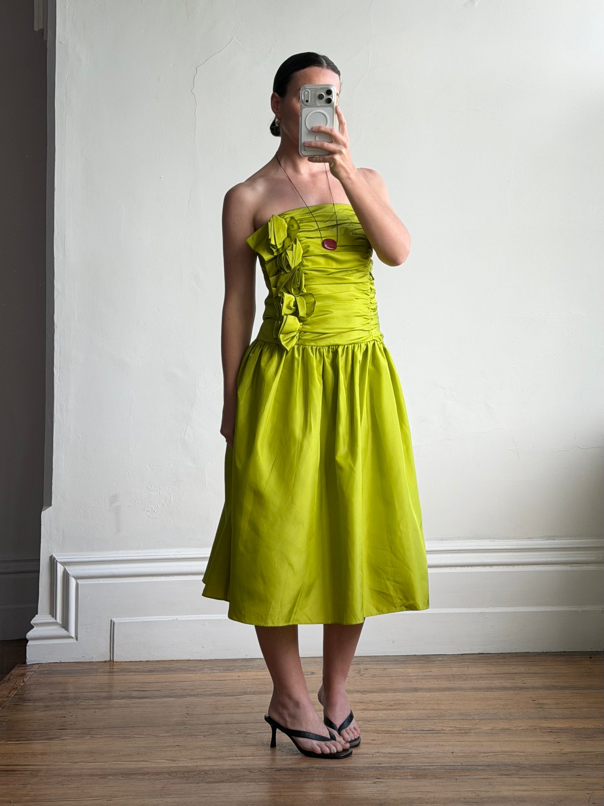 Vintage 80s Chartreuse Taffeta Strapless Cocktail Dress
