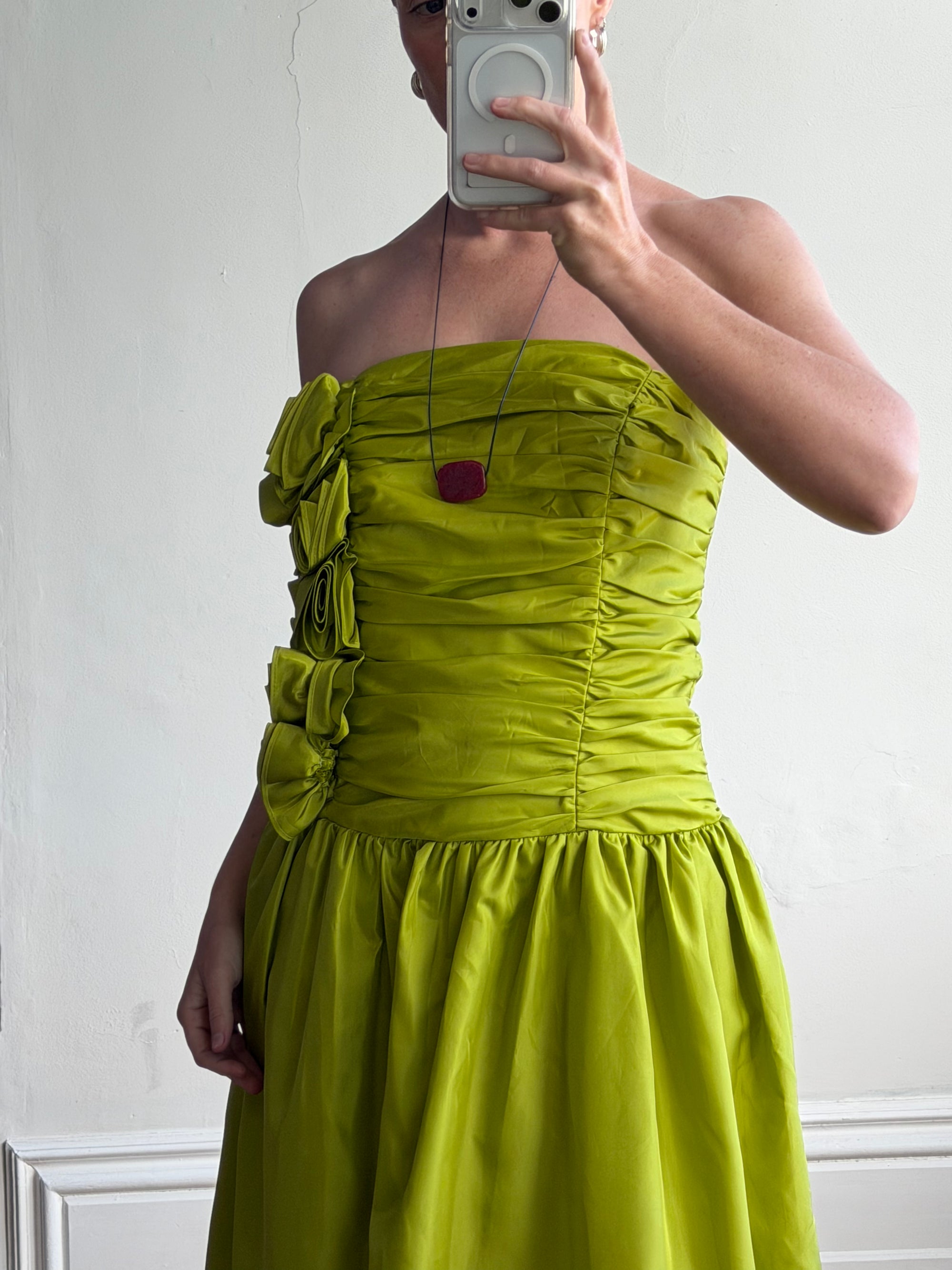 Vintage 80s Chartreuse Taffeta Strapless Cocktail Dress